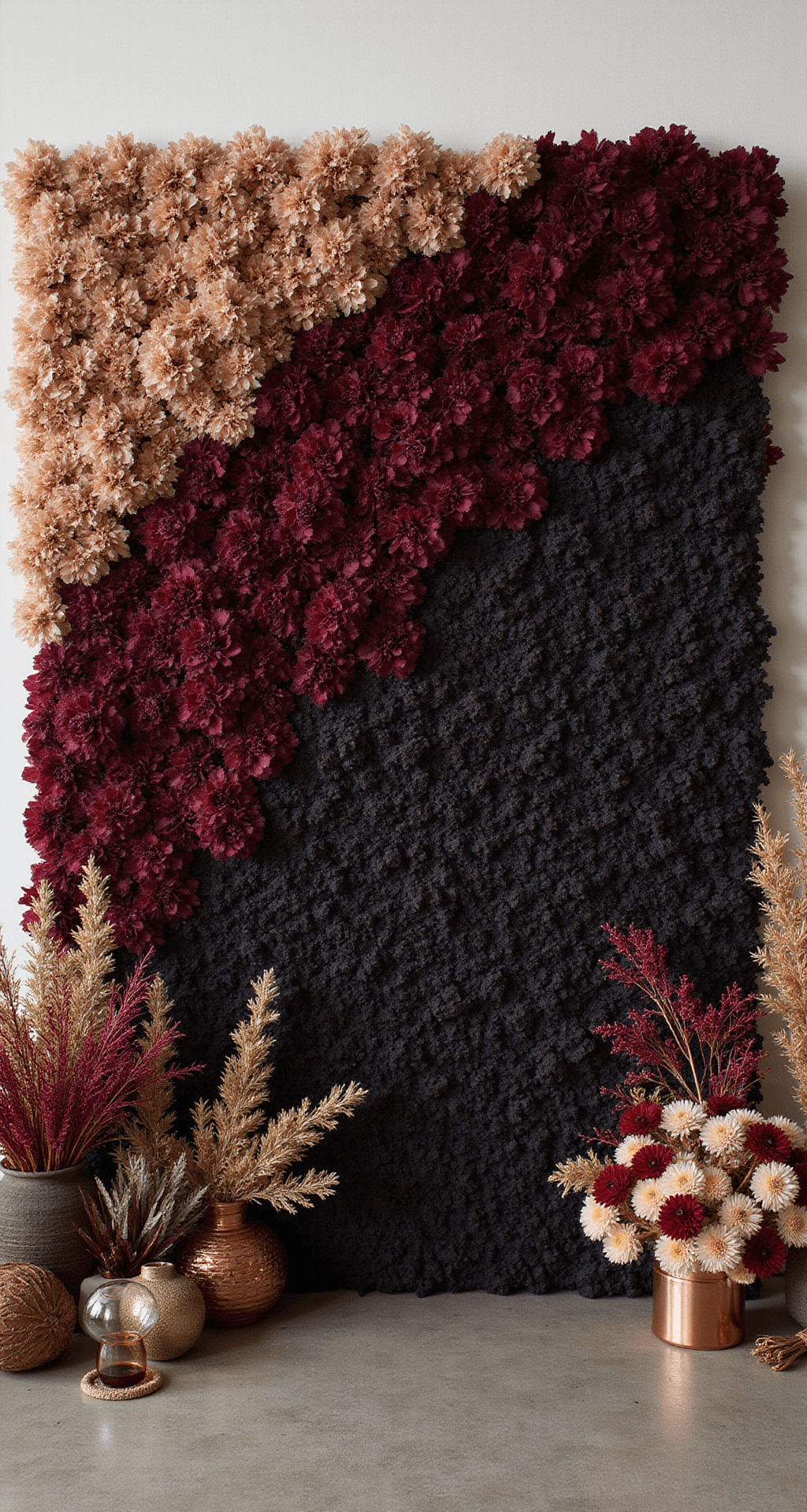 Moody Wedding Flowers: Unleashing Drama and Romance in Your Wedding Palette Portrait setup at golden hour with a flower wall featuring a gradient of dark blooms from burgundy to black, accented with copper wire and hanging glass orbs catching the sunlight; includes dried and preserved flowers for texture.