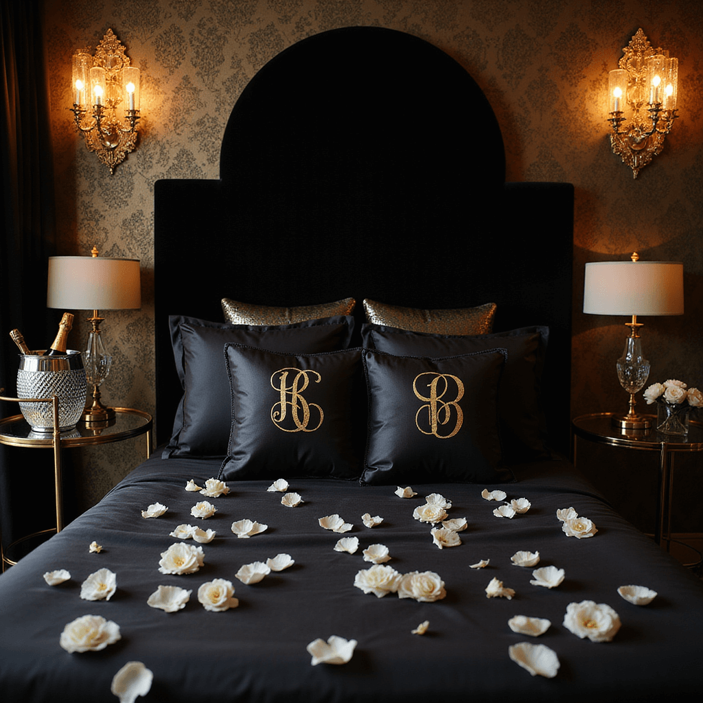 Crafting the Perfect Wedding Night Room Decor: A Comprehensive Guide A luxurious boutique hotel honeymoon suite lit by candlelight, featuring a dark velvet headboard, black silk sheets adorned with white rose petals, gold accents, and crystal sconces casting dramatic shadows, with a champagne ice bucket on a mirrored bar cart and bespoke monogrammed pillows.