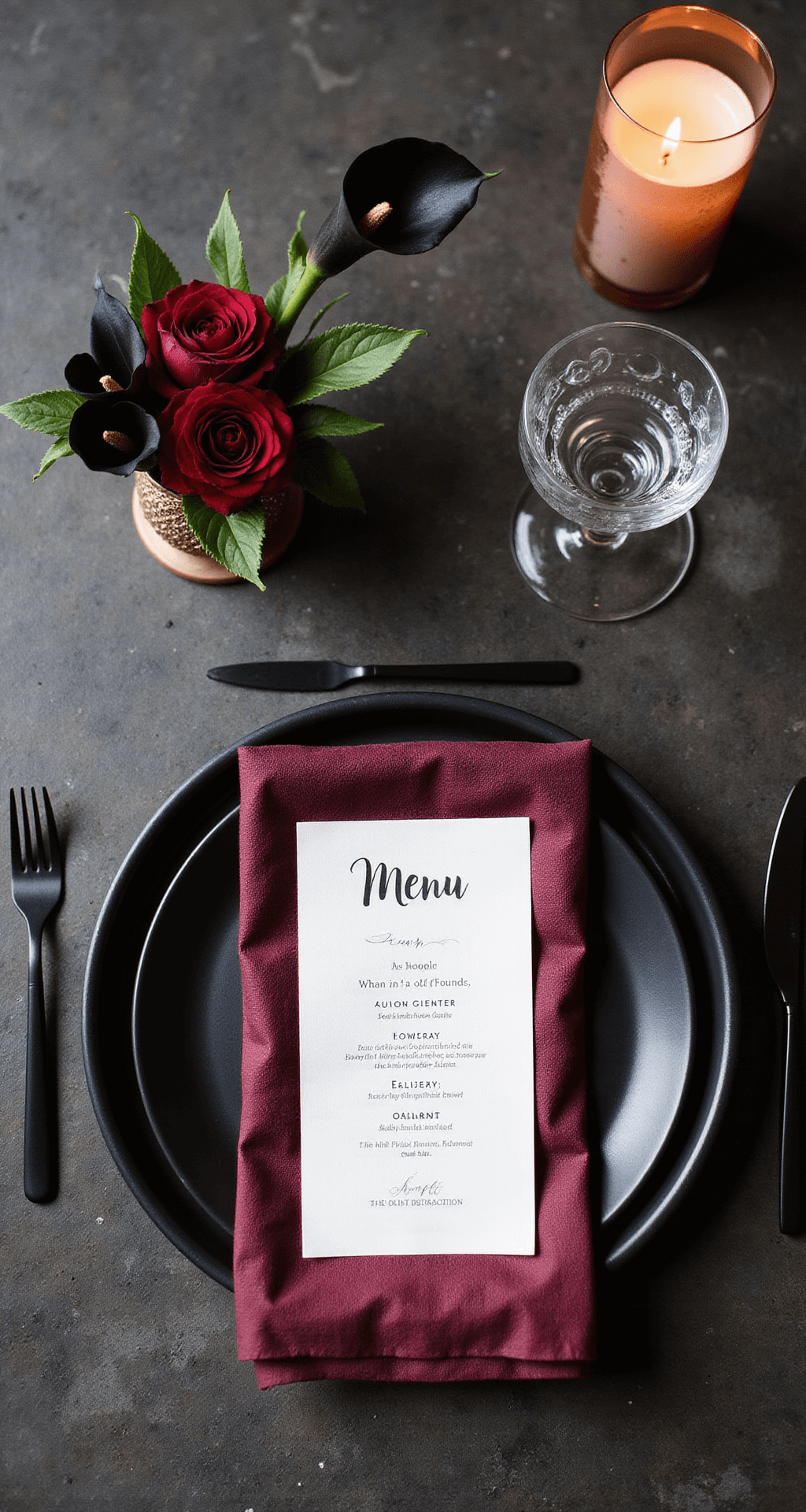 Moody Wedding Flowers: Unleashing Drama and Romance in Your Wedding Palette Dark, moody table setting with black charger, burgundy napkin, black flatware, hand-calligraphed menu, floral arrangement, crystal wine glass, and copper accents.