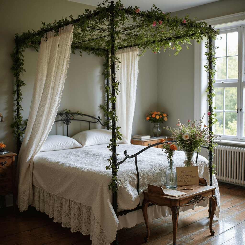 Crafting the Perfect Wedding Night Room Decor: A Comprehensive Guide A cozy garden cottage bedroom at dawn features an iron bed adorned with climbing flowers, a vintage lace canopy draped asymmetrically, an antique writing desk displaying handwritten love notes, and mismatched crystal bud vases filled with wildflowers, all illuminated by morning light casting dappled shadows through the window.