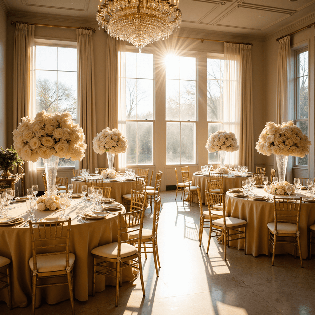 Mastering Event Decor and Photography: The Ultimate Guide to Stunning Visual Storytelling A grand ballroom illuminated by golden hour light, featuring round tables with champagne silk linens and crystal centerpieces of white orchids and blush roses, gilt Chiavari chairs, and a crystal chandelier casting light on marble floors, framed by sheer ivory drapes and a vintage champagne cart in the corner.