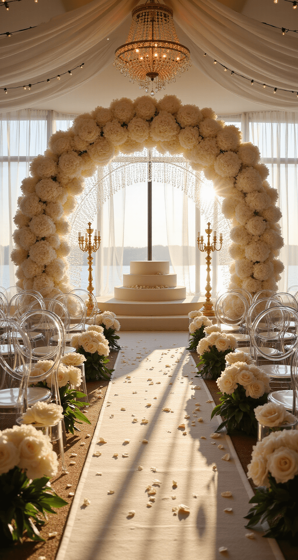Ultimate Guide to Choosing the Perfect Wedding Flowers: From Bouquets to Budget Luxurious indoor ballroom wedding setup with white peonies, orchids, ghost chairs, and rose petals leading to crystal-adorned altar, framed by gold candelabras and sheer drapes, glowing with natural light.