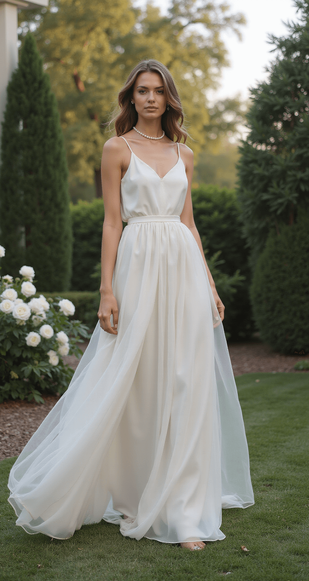 The Ultimate Guide to Silk Wedding Dresses: Everything You Need to Know About This Timeless Choice Model in a flowing silk chiffon A-line gown stands in a manicured garden at magic hour, with bare shoulders and a pearl choker, surrounded by blooming white roses and architectural hedges, captured from a low angle to highlight the dress's movement.