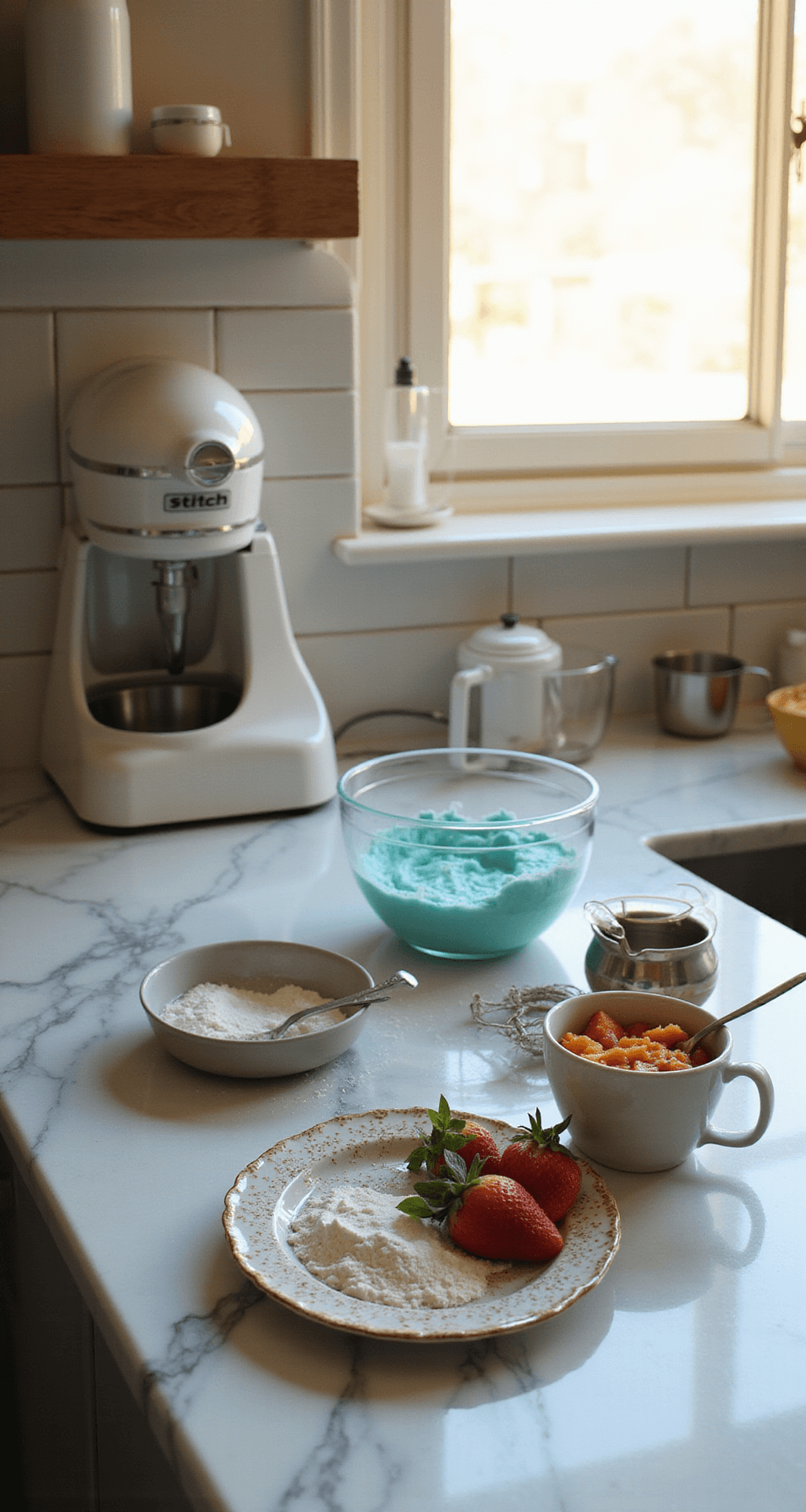 Stitch Birthday Cake: The Ultimate Disney-Inspired Celebration Dessert Professional kitchen with marble countertop, featuring vibrant blue batter in mixing bowls, neatly arranged ingredients, measuring cups, and an electric mixer, all illuminated by soft natural morning light.
