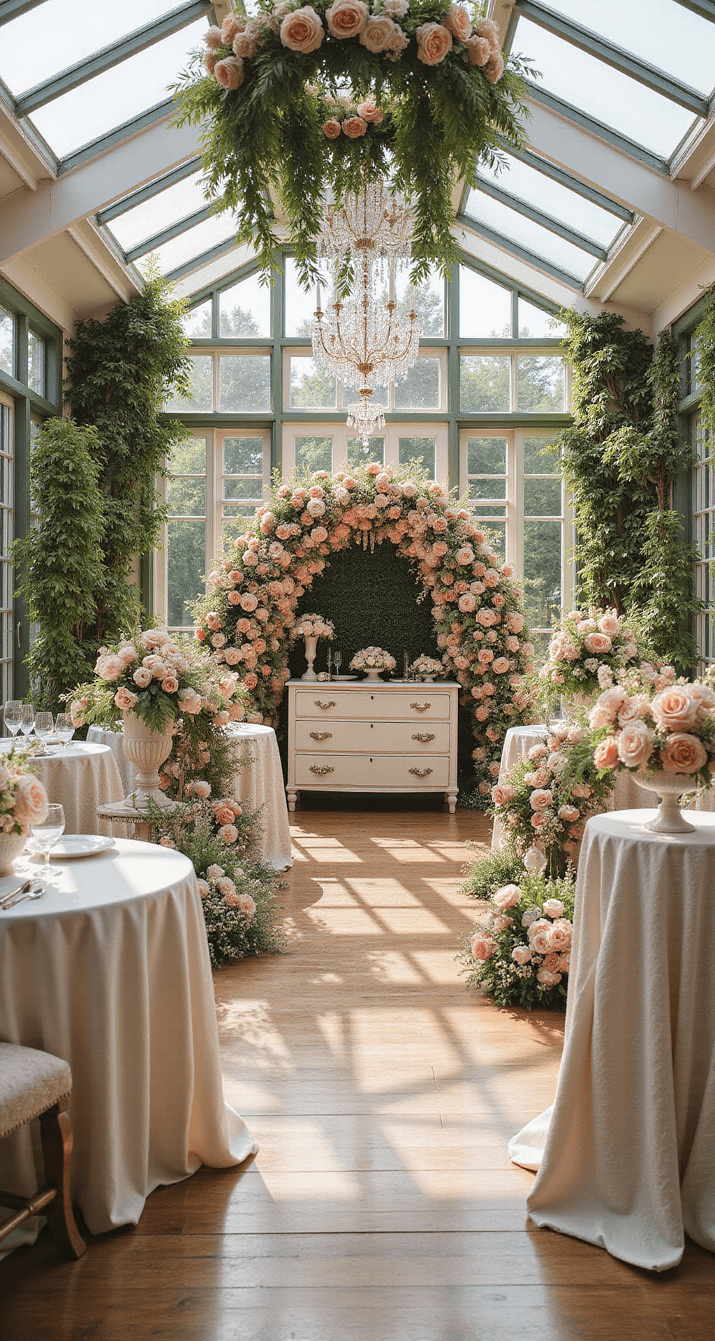 Ultimate Guide: Baby Girl Birthday Party Decorations That Wow! A sunlit conservatory with lush peach, blush, and ivory flower walls, round tables with towering floral centerpieces, crystal chandeliers draped in flower garlands, and a vintage dresser for flower crowns.