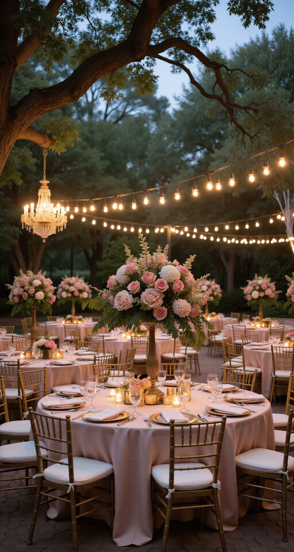 Ultimate Guide to Choosing the Perfect Wedding Flowers: From Bouquets to Budget An elevated view of a garden reception at dusk with round tables adorned in blush silk linens, surrounded by gold Chiavari chairs. Tall centerpieces with pink roses and hydrangeas in gold vessels, market lights and crystal chandeliers overhead, gold-rimmed chargers, pink place cards, and rose petals complete the enchanting scene.