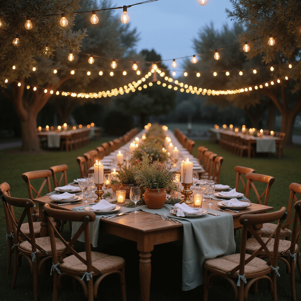 Mastering Event Decor and Photography: The Ultimate Guide to Stunning Visual Storytelling An intimate dusk garden party scene featuring bistro lights strung between olive trees, long farm tables with sage green linen, vintage brass candlesticks with ivory tapers, terracotta pots of herbs and wildflowers, rustic wooden chairs, and earth-toned throw blankets, all softly illuminated against a dusky blue sky.