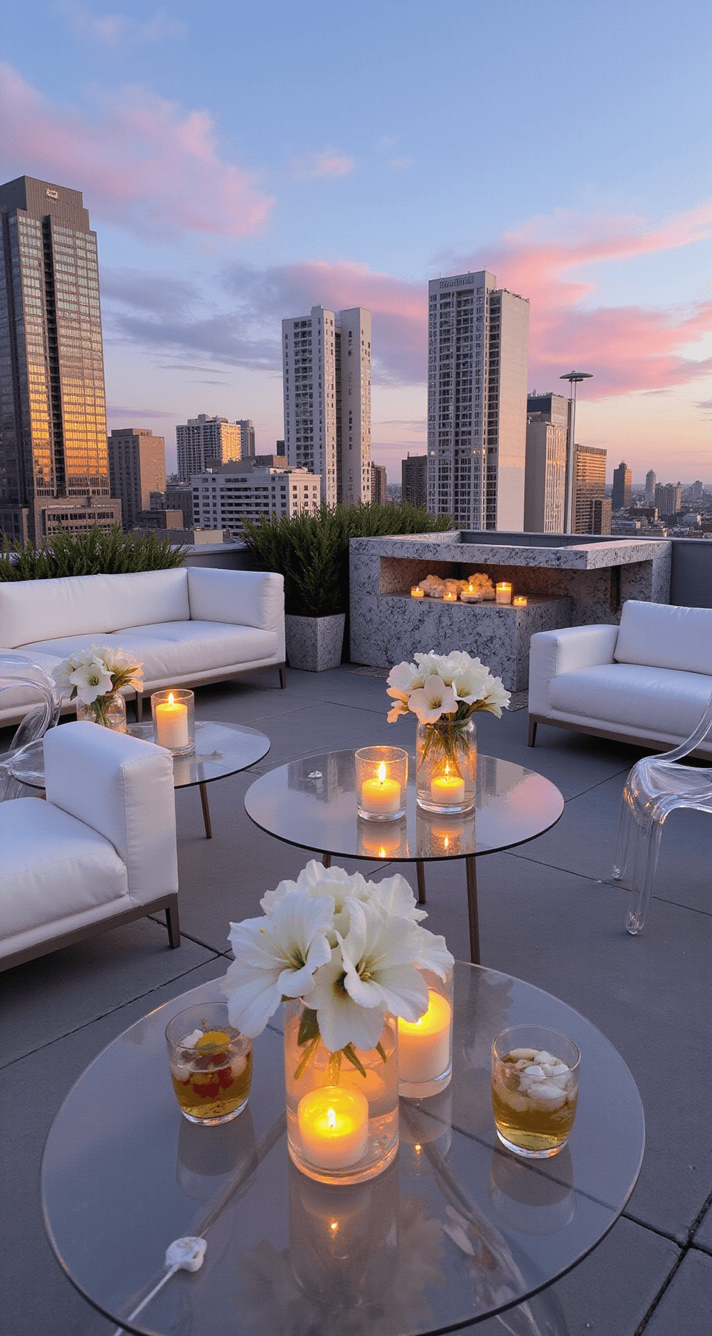 Ultimate Guide to Choosing the Perfect Wedding Flowers: From Bouquets to Budget A modern rooftop celebration at sunset featuring sleek white lounge furniture around a marble-topped bar, dramatic floral installations with calla lilies and orchids on lucite pedestals, ghost chairs around clear acrylic tables with floating candles, and a city skyline with a dusky pink sky in the background.