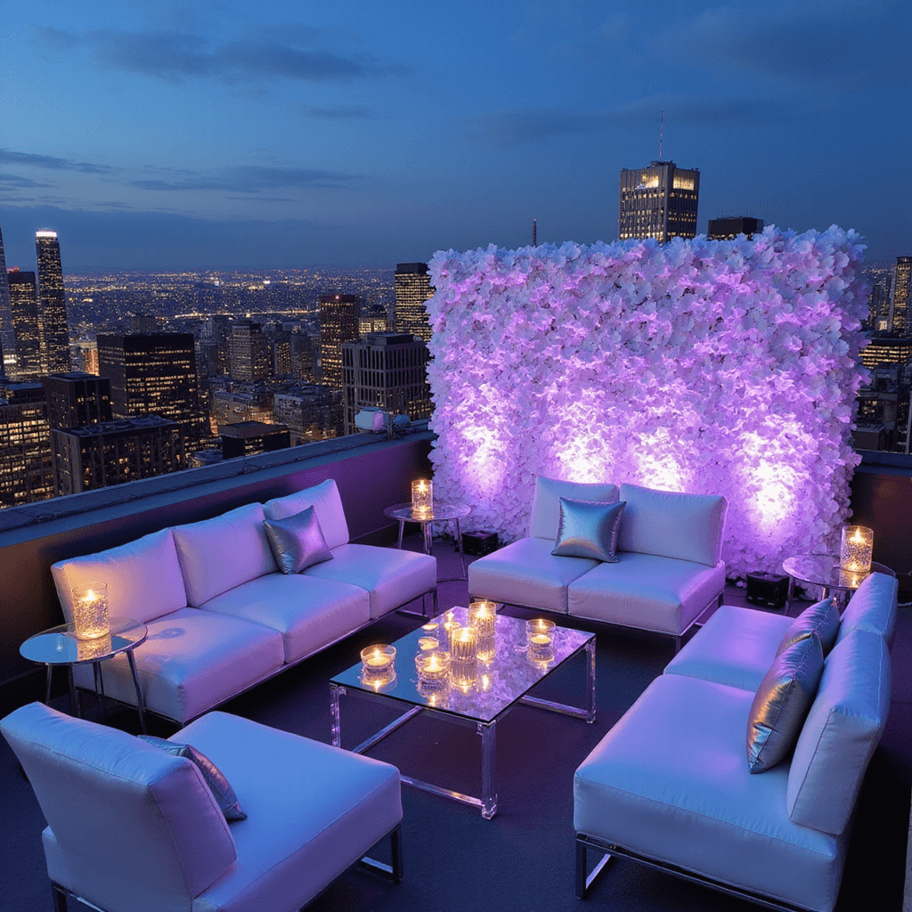 Mastering Event Decor and Photography: The Ultimate Guide to Stunning Visual Storytelling A stylish rooftop celebration at twilight featuring sleek white lounge furniture, metallic accents, and a dramatic orchid wall, with ghost chairs and lucite tables illuminated by floating candles against a backdrop of city lights.