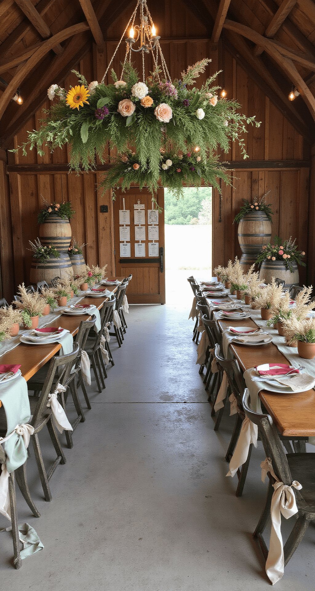 Ultimate Guide to Choosing the Perfect Wedding Flowers: From Bouquets to Budget Aerial view of a rustic barn wedding showcasing farm tables with sage runners, terracotta pottery filled with wildflowers, wooden cross-back chairs with flower bundles, floral chandeliers with dahlias, vintage door seating charts, and wooden barrels with floral arrangements.
