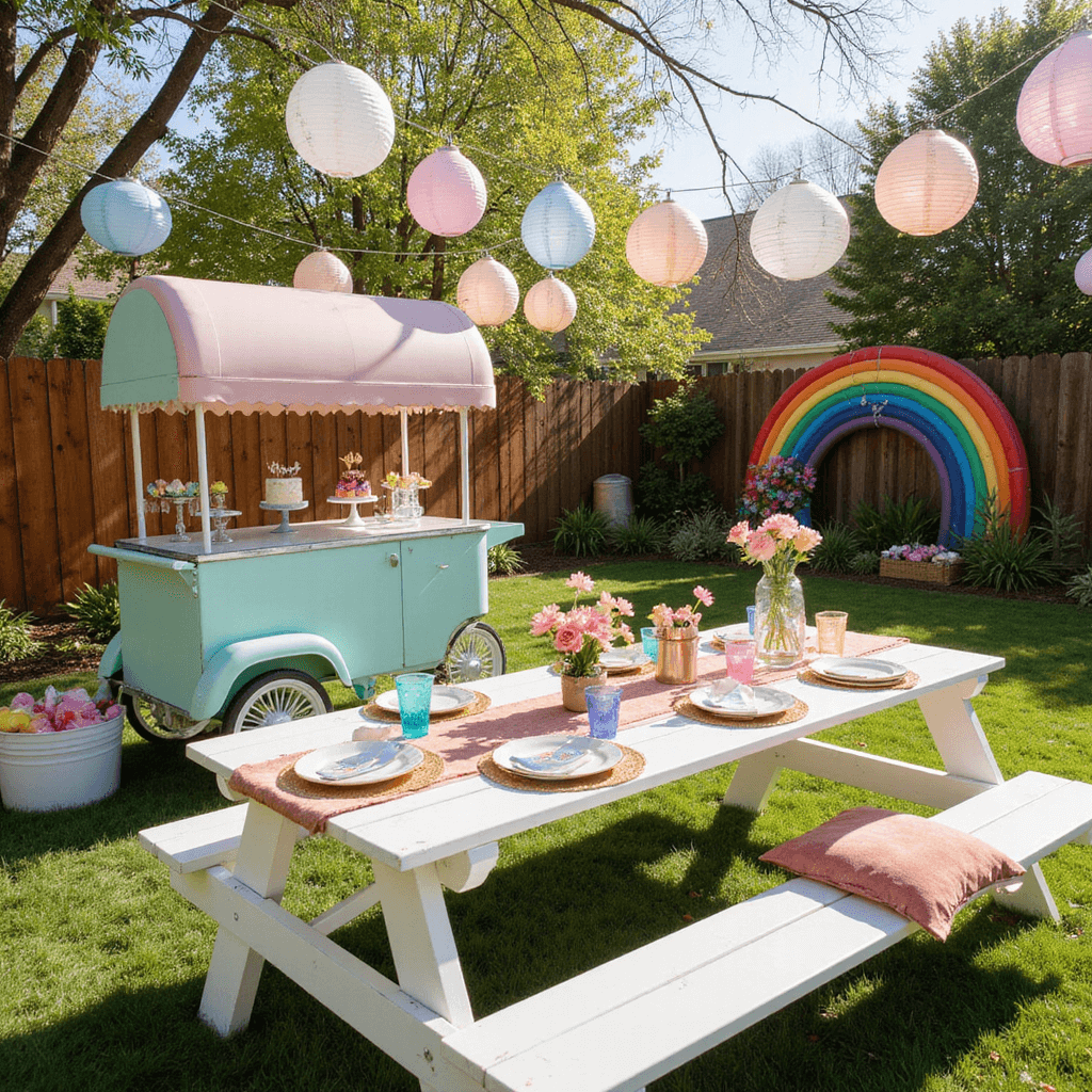 Mastering Event Decor and Photography: The Ultimate Guide to Stunning Visual Storytelling A whimsical children's birthday setup in a sun-lit backyard featuring a pastel mint vintage ice cream cart, rainbow balloon arches, paper flower installations, low picnic tables with gold-rimmed plates and colorful cups, and a canopy of paper lanterns casting playful light patterns.