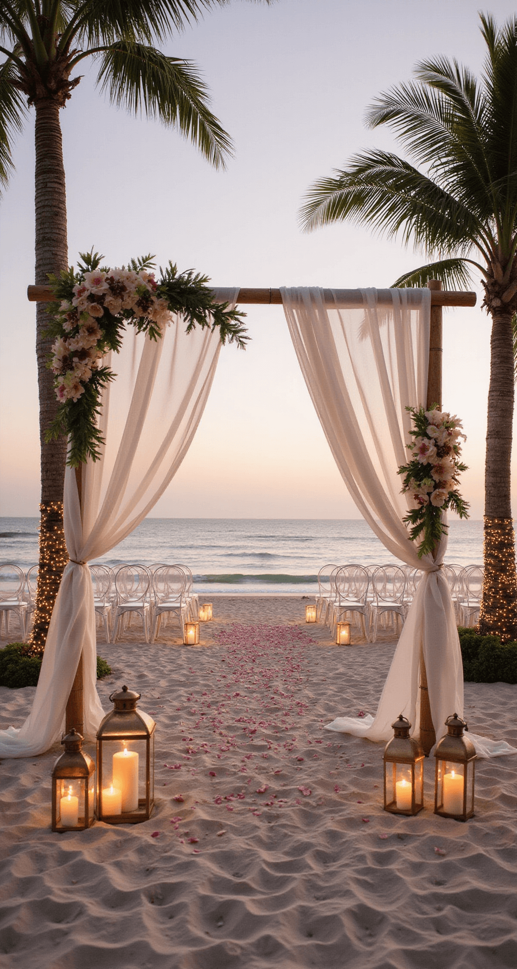 Ultimate Guide to Choosing the Perfect Wedding Flowers: From Bouquets to Budget Golden hour beachside ceremony setup with a white bamboo arch draped in ivory chiffon, adorned with king protea, orchids, and lush greenery; ghost chairs arranged in a semicircle facing the ocean; aisle with hurricane lanterns, pillar candles, and orchid petals; palm trees with fairy lights; pink sky, sand, and waves in the background.