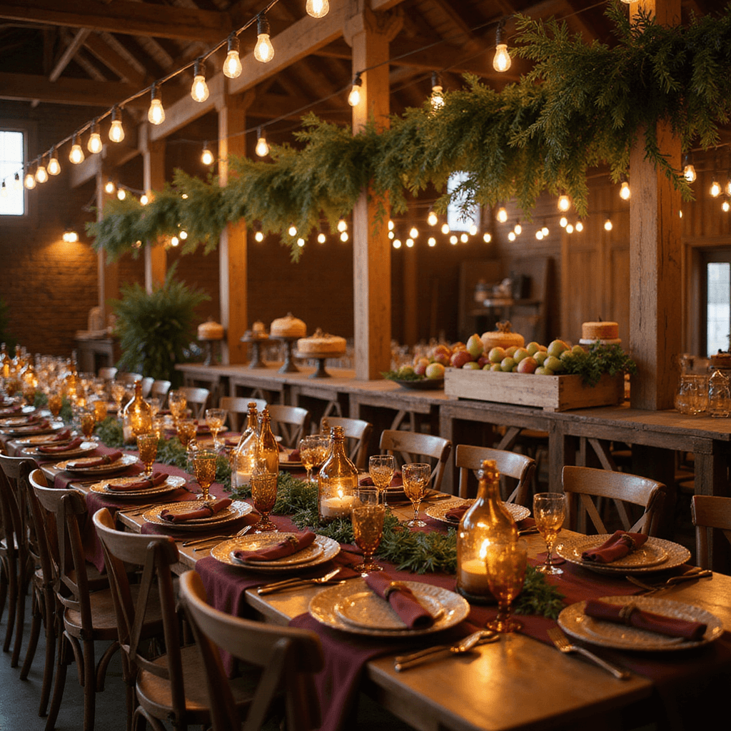 Mastering Event Decor and Photography: The Ultimate Guide to Stunning Visual Storytelling Cozy autumn dinner party in a rustic barn with wooden beams draped in greenery, warm ambient lighting from Edison bulbs, farm tables adorned with copper chargers and burgundy linens, wooden crates of apples and pears as centerpieces, and a dessert display of naked cakes surrounded by fall foliage.