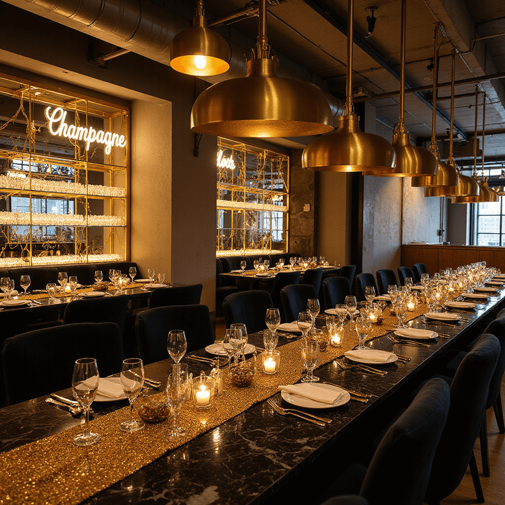 Mastering Event Decor and Photography: The Ultimate Guide to Stunning Visual Storytelling Glamorous New Year's Eve setup in an industrial loft, featuring black marble tables with mirrored runners, gold sequined linens, black velvet chairs, a champagne wall with geometric gold shelving, and neon art deco-inspired signage, all captured in dramatic lighting.