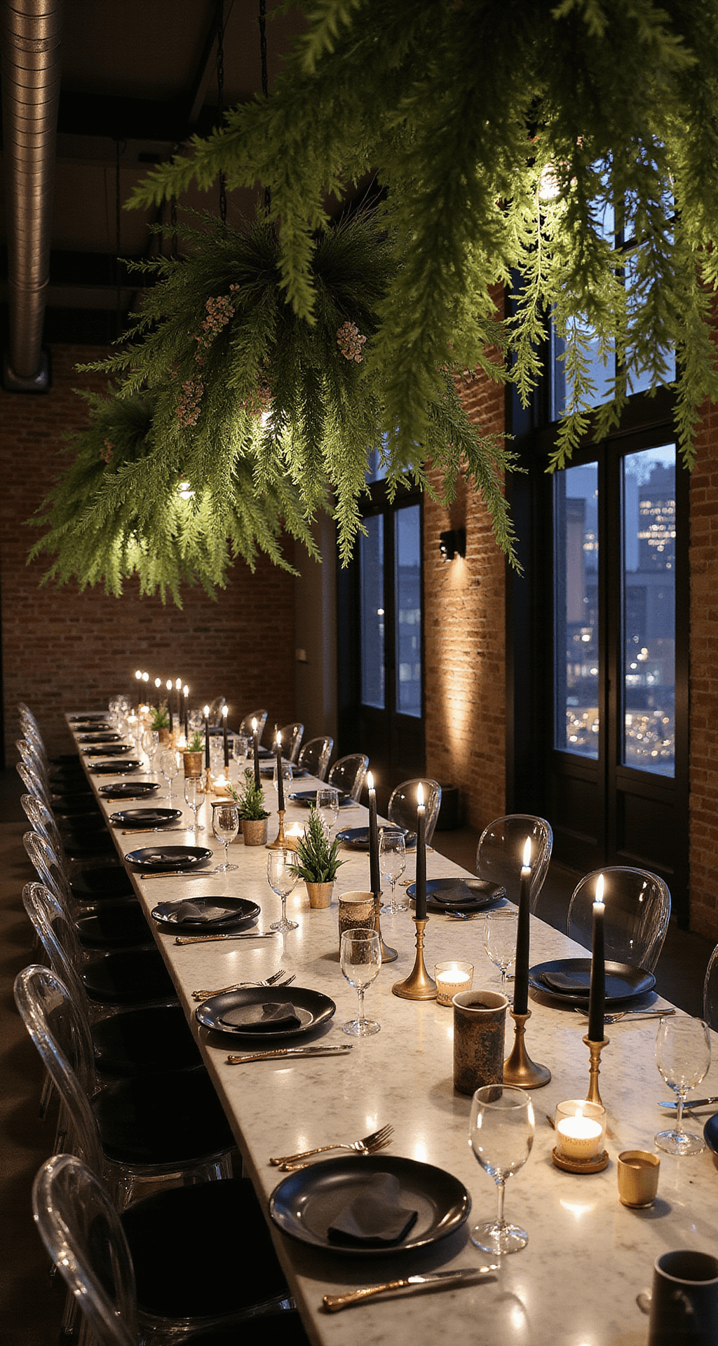 Ultimate Guide to Choosing the Perfect Wedding Flowers: From Bouquets to Budget Moody evening loft celebration with marble tables, black ceramics, gold flatware, greenery installations, black candles, ghost chairs, and city lights.