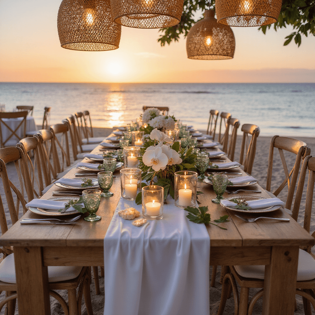 Mastering Event Decor and Photography: The Ultimate Guide to Stunning Visual Storytelling Beachfront wedding reception at sunset with natural wood tables, sheer white runners, cross-back chairs in ivory chiffon, glass cylinders with floating candles, oversized rattan pendant lights, tropical centerpieces of white orchids and monstera leaves, and pearl-toned seashells and coral accents at place settings. The scene is captured during golden hour with the ocean horizon in view.