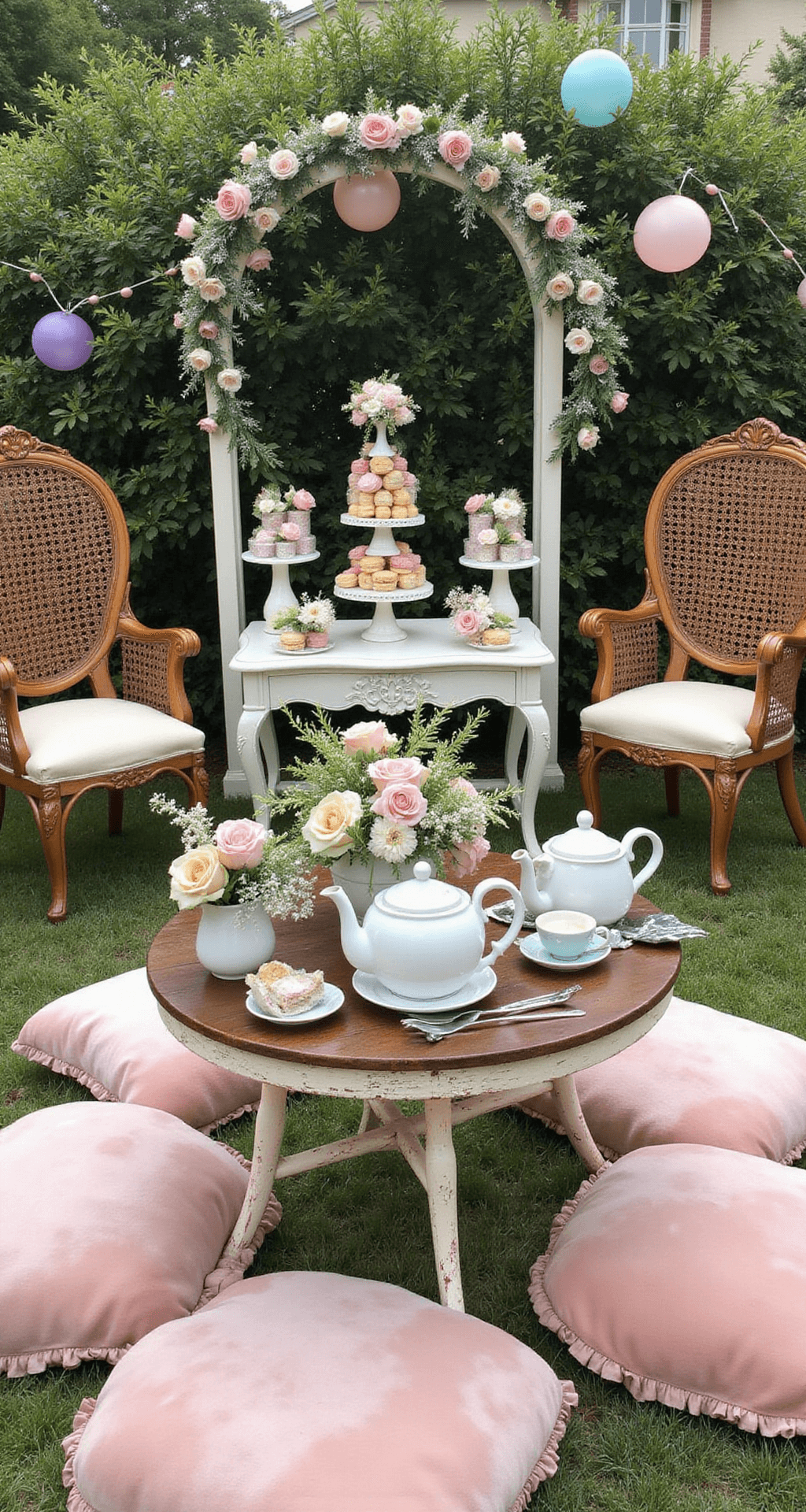 Ultimate Guide to Choosing the Perfect Wedding Flowers: From Bouquets to Budget A whimsical garden brunch scene with low tables and plush pastel velvet floor cushions, vintage teapots holding garden roses, sweet peas, and ferns, macaron towers, and tiered cakes on antique furniture. Hanging wicker chairs adorned with flower garlands, pastel balloons, and streamers enhance the ethereal atmosphere, captured from a seated perspective.