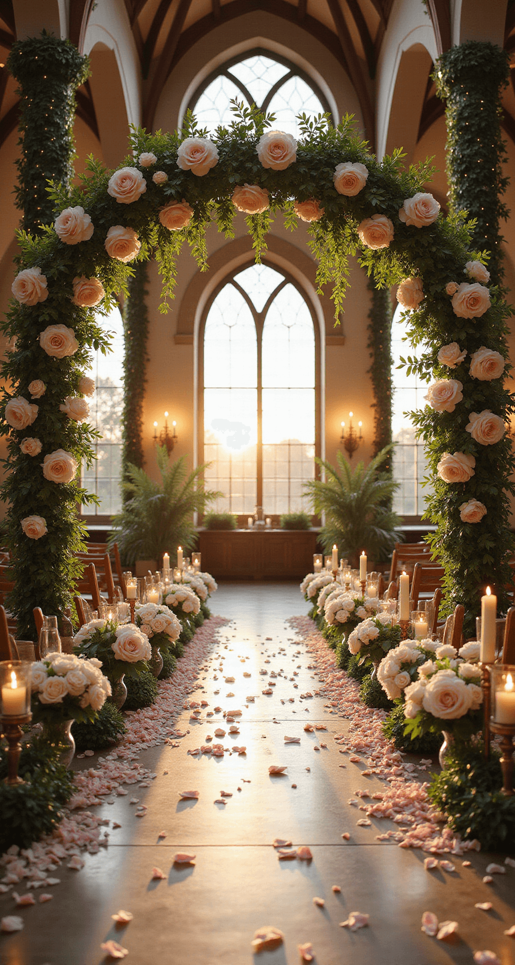 Wedding Ceremony Flowers: Your Ultimate Guide to Blooming Beauties Photorealistic image of a cathedral-style indoor ceremony space at golden hour, featuring a dramatic floral arch with white peonies, blush garden roses, and trailing ivy. Natural light filters through stained glass windows onto the flower petals. The aisle is lined with organic flower arrangements in crystal vessels and scattered rose petals. Vintage brass candelabras with ivory tapers offer ambient lighting. Architectural columns wrapped in greenery and fairy lights add vertical interest.