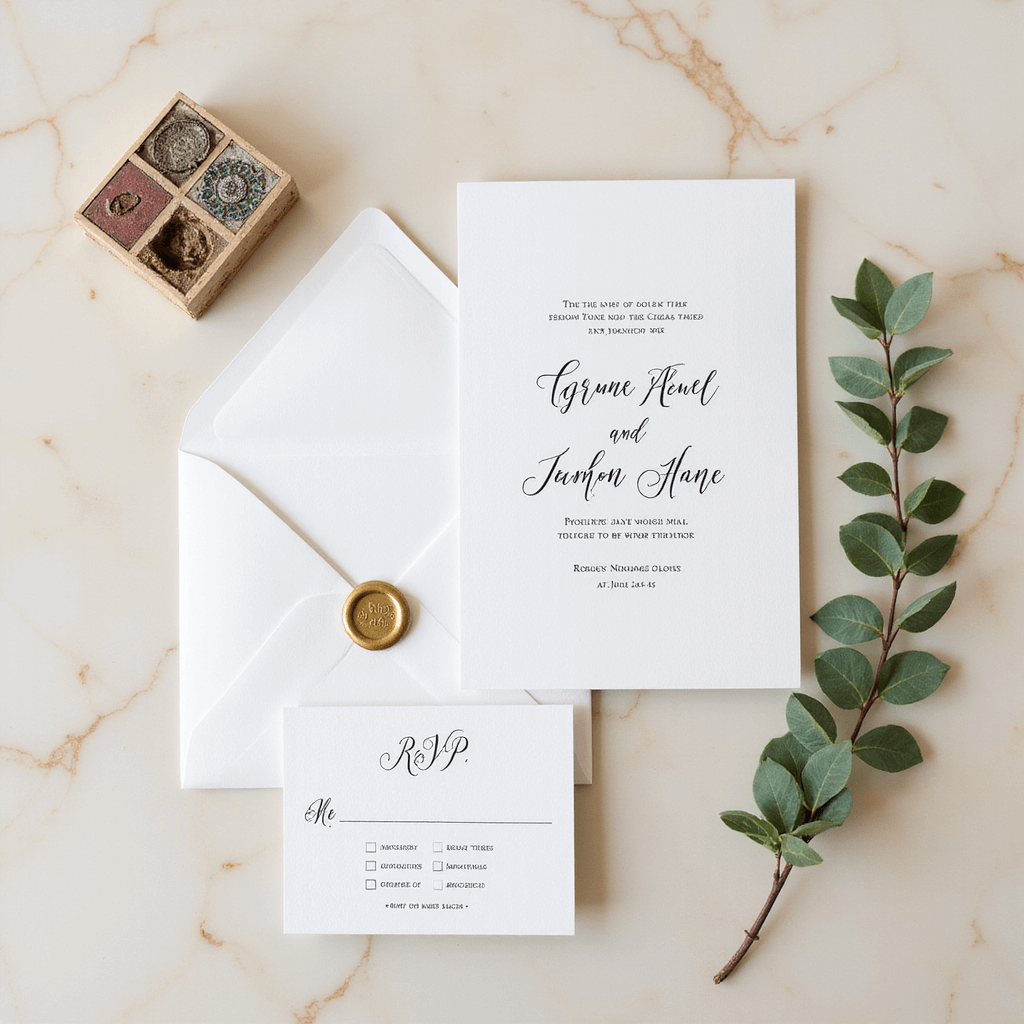 Simple Wedding Invitations: The Ultimate Guide to Effortless Elegance Minimalist wedding invitation suite flat lay on creamy marble, featuring a white invitation with black serif typography, RSVP card, envelope, gold wax seal, fresh eucalyptus sprig, and vintage stamps, captured in soft morning light.