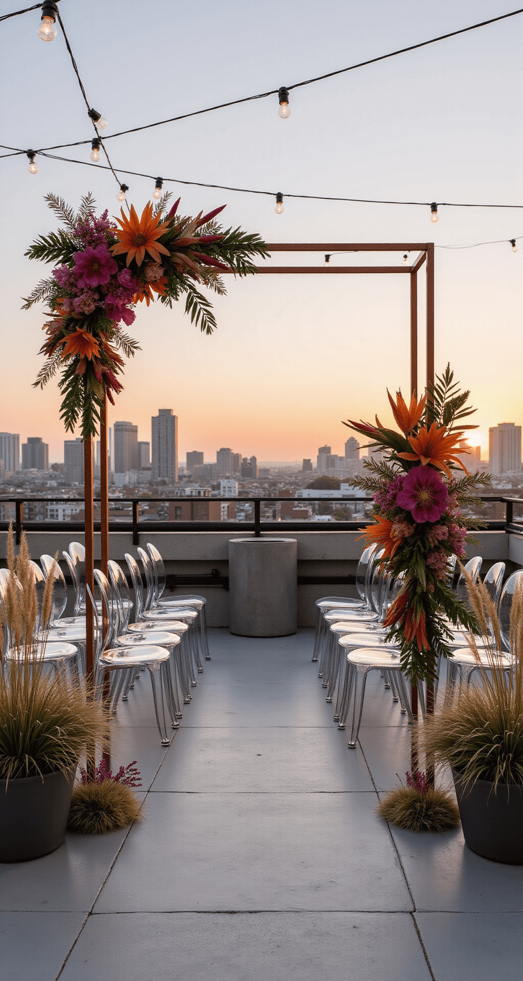 Wedding Ceremony Flowers: Your Ultimate Guide to Blooming Beauties Overhead view of a modern rooftop ceremony space with a geometric copper arch decorated with tropical flowers in vibrant colors, surrounded by ghost chairs, pampas grass, and city skyline at sunset.