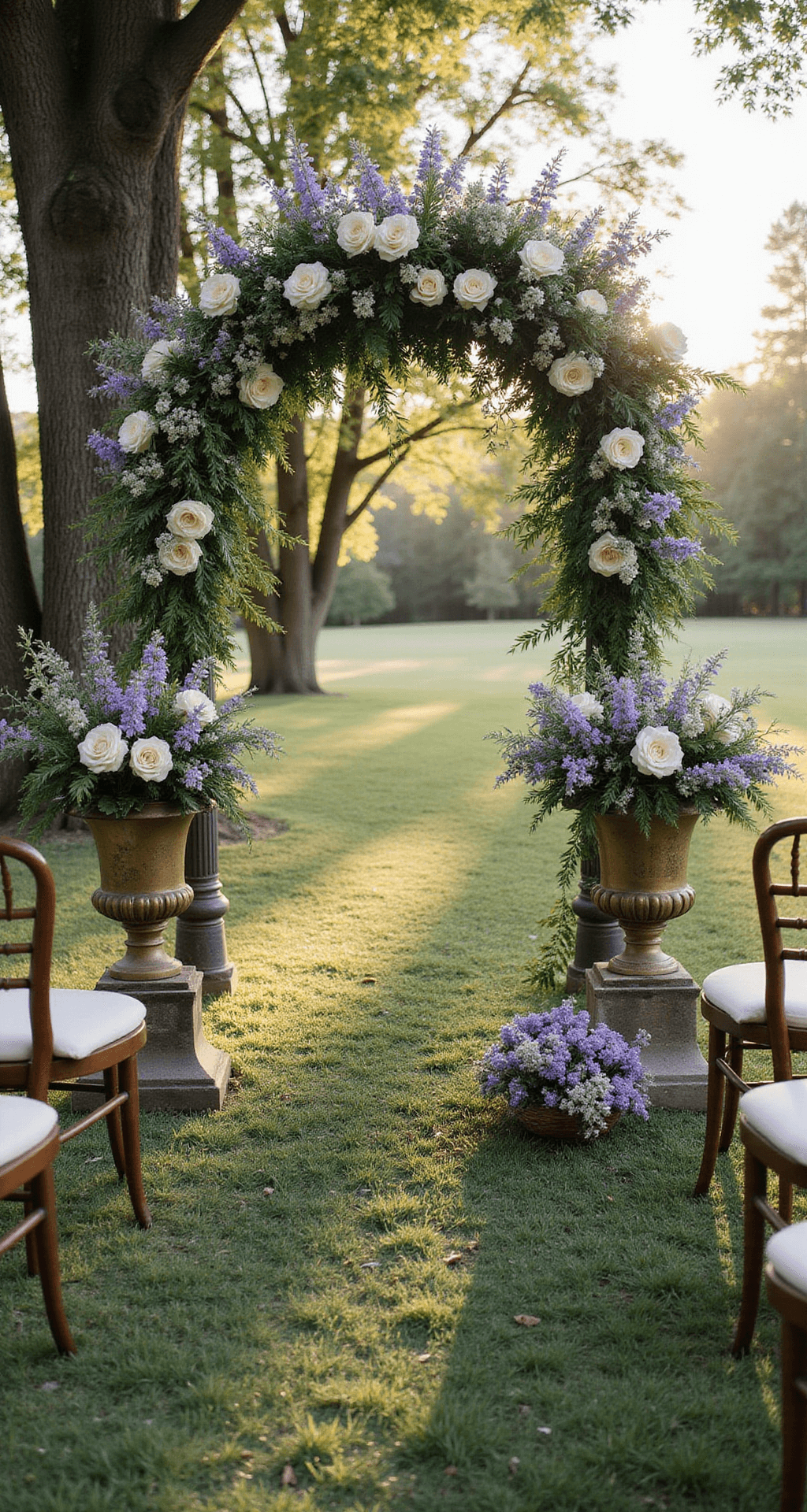Wedding Ceremony Flowers: Your Ultimate Guide to Blooming Beauties A morning garden ceremony scene with a wild meadow-style floral installation of delphinium, cosmos, and Queen Anne's lace in lavender and cream, appearing to grow naturally. Vintage wooden chairs with flower posies decorate the space, while sunlight through old trees casts dappled shadows. Antique brass urns brim with seasonal blooms.