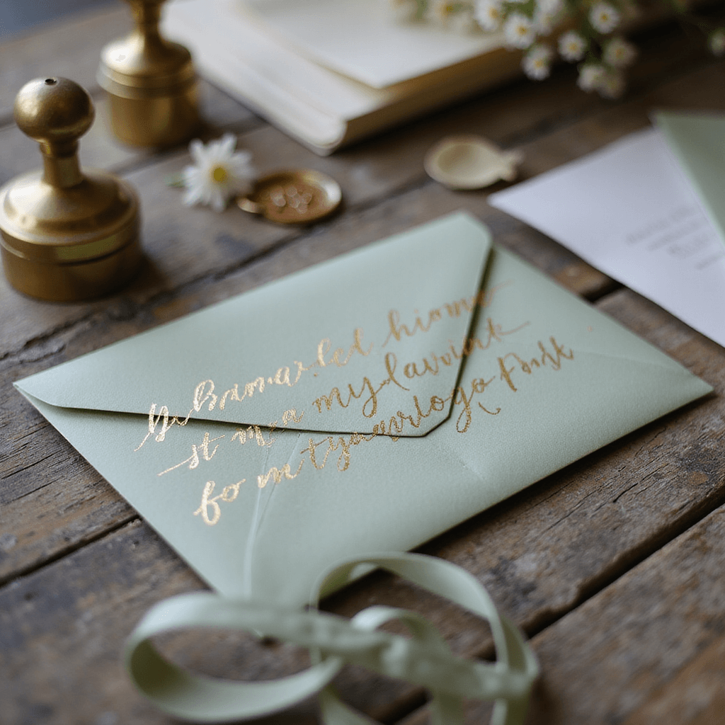 Simple Wedding Invitations: The Ultimate Guide to Effortless Elegance Close-up of a sage green envelope on a weathered wooden desk, featuring gold calligraphy ink and a vintage brass wax seal stamp, with silk ribbon samples and pressed flowers arranged around it, showcasing intricate penmanship in soft afternoon light.