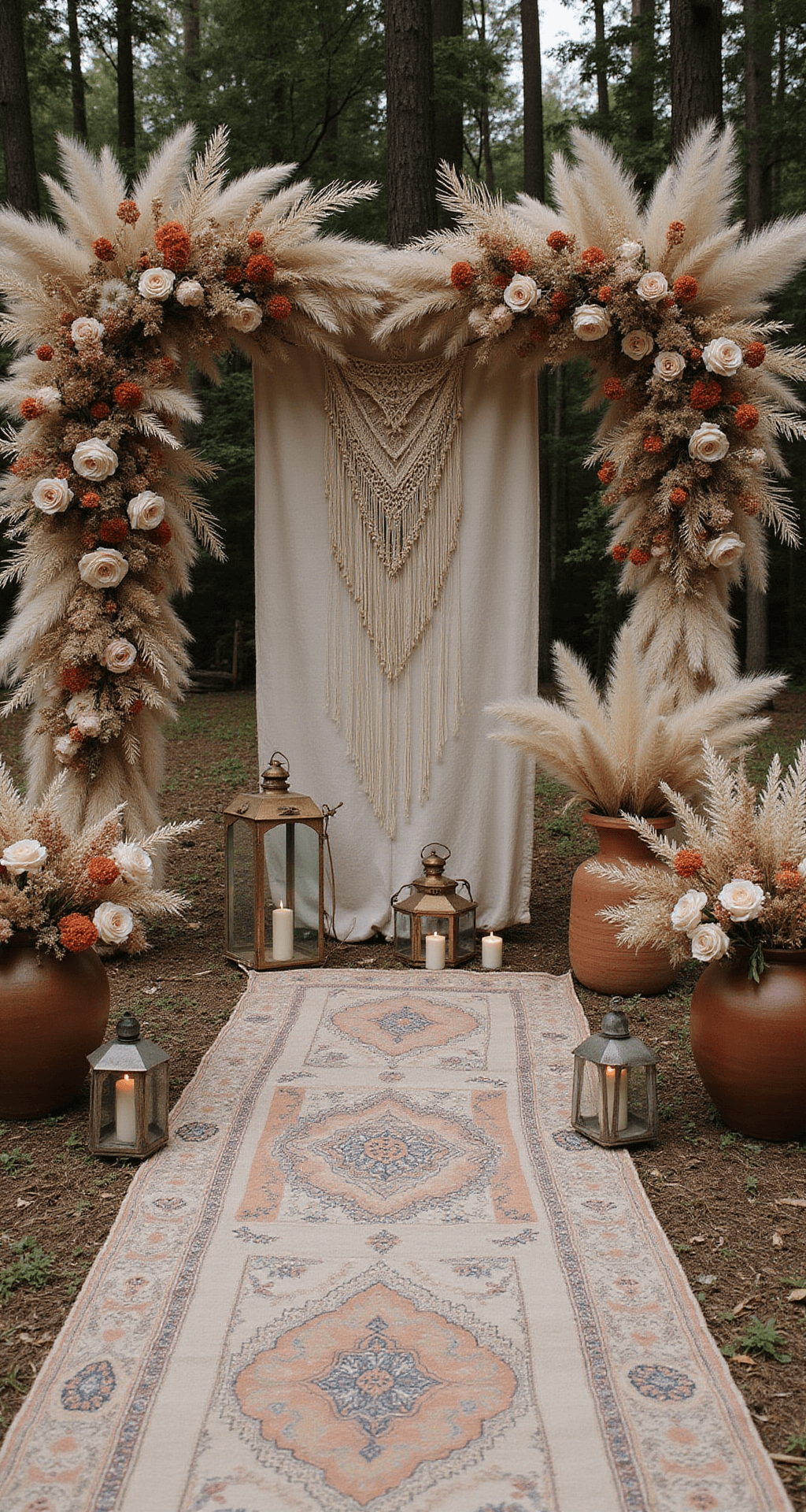Wedding Ceremony Flowers: Your Ultimate Guide to Blooming Beauties A close-up of a bohemian woodland ceremony altar featuring an asymmetrical dried floral arrangement with pampas grass, bleached ruscus, and preserved roses in earth tones. A macramé backdrop with woven floral elements adds texture, while Moroccan lanterns and pillar candles provide moody lighting. Raw silk runners and vintage rugs define the space, with organic pottery vessels holding statement floral arrangements flanking the altar.