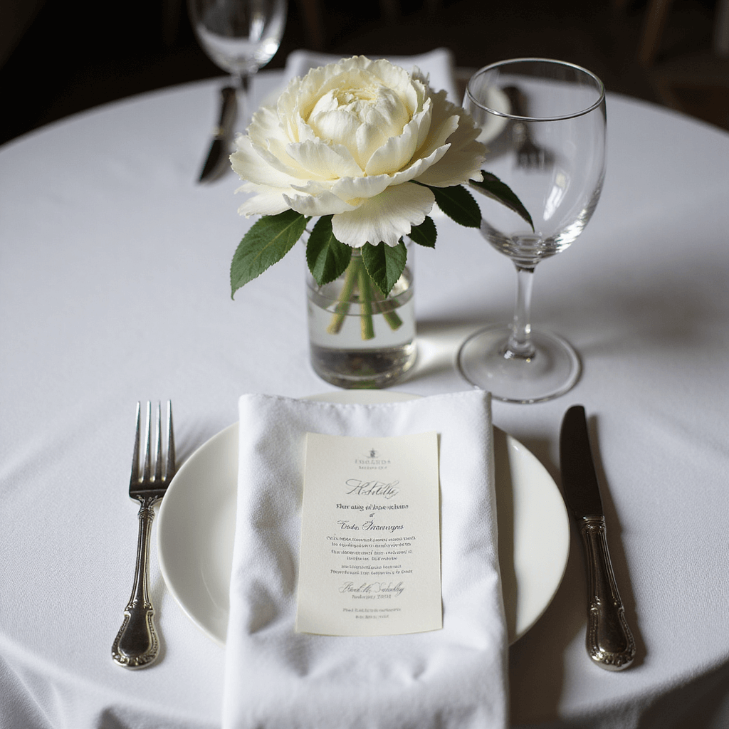 Simple Wedding Invitations: The Ultimate Guide to Effortless Elegance Elegant table vignette featuring a crisp white linen tablecloth, a folded invitation as a place card, a single white peony in a bud vase, silver cutlery, and crystal stemware, all captured in moody natural light with soft shadows.