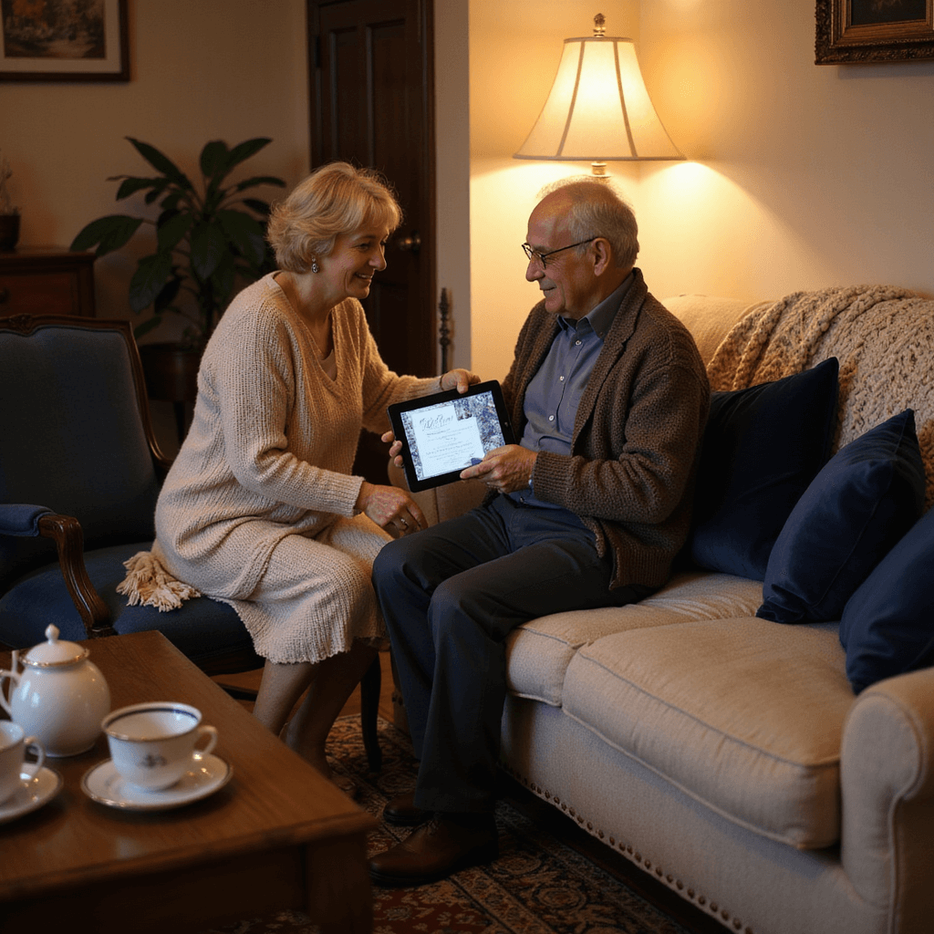 Digital Wedding Invitations: A Modern Couple's Complete Guide Elderly couple on a cream sofa, assisted by younger family member with digital wedding invitation on iPad, under warm lamp light. Cozy room with chunky knit blankets, velvet navy pillows, Oriental rug, and vintage tea service on side table.