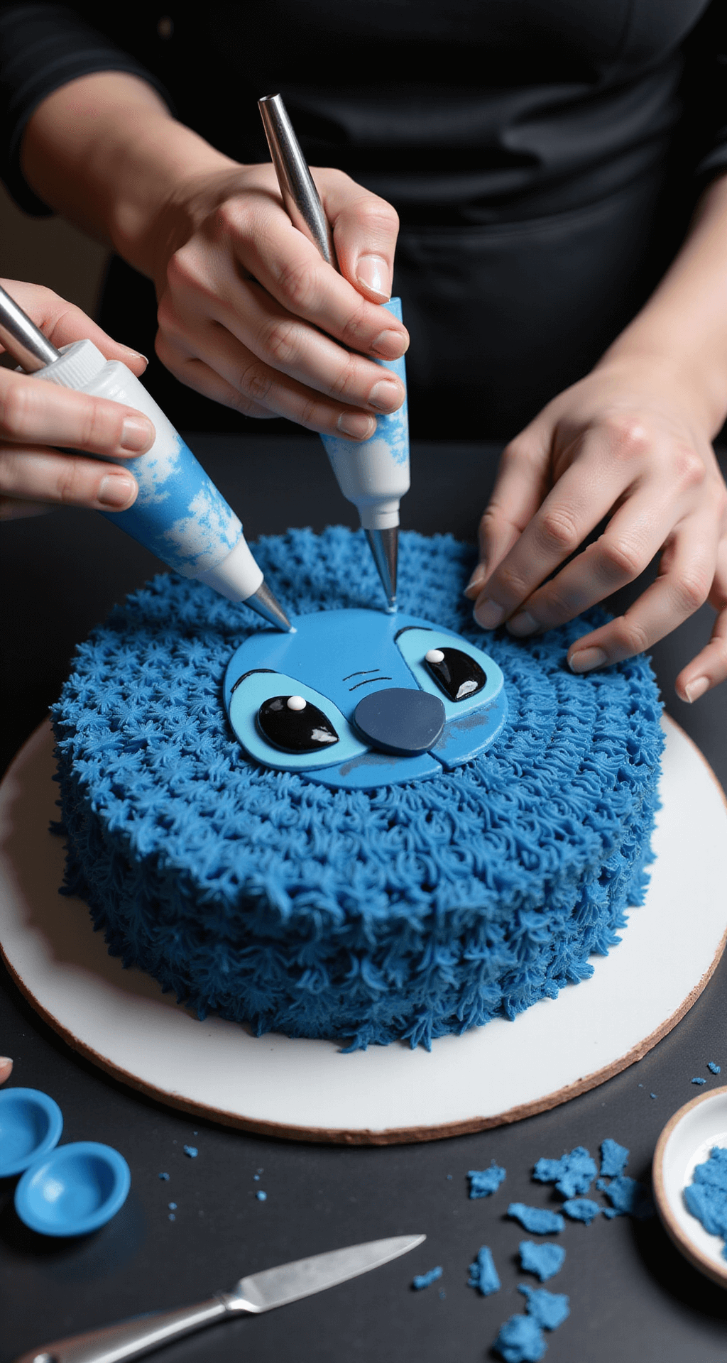 Stitch Birthday Cake: The Ultimate Disney-Inspired Celebration Dessert Close-up of a cake on a turntable being decorated as Stitch's face, with professional hands using piping bags of blue buttercream, surrounded by fondant tools and colored pieces, highlighted by dramatic studio lighting.