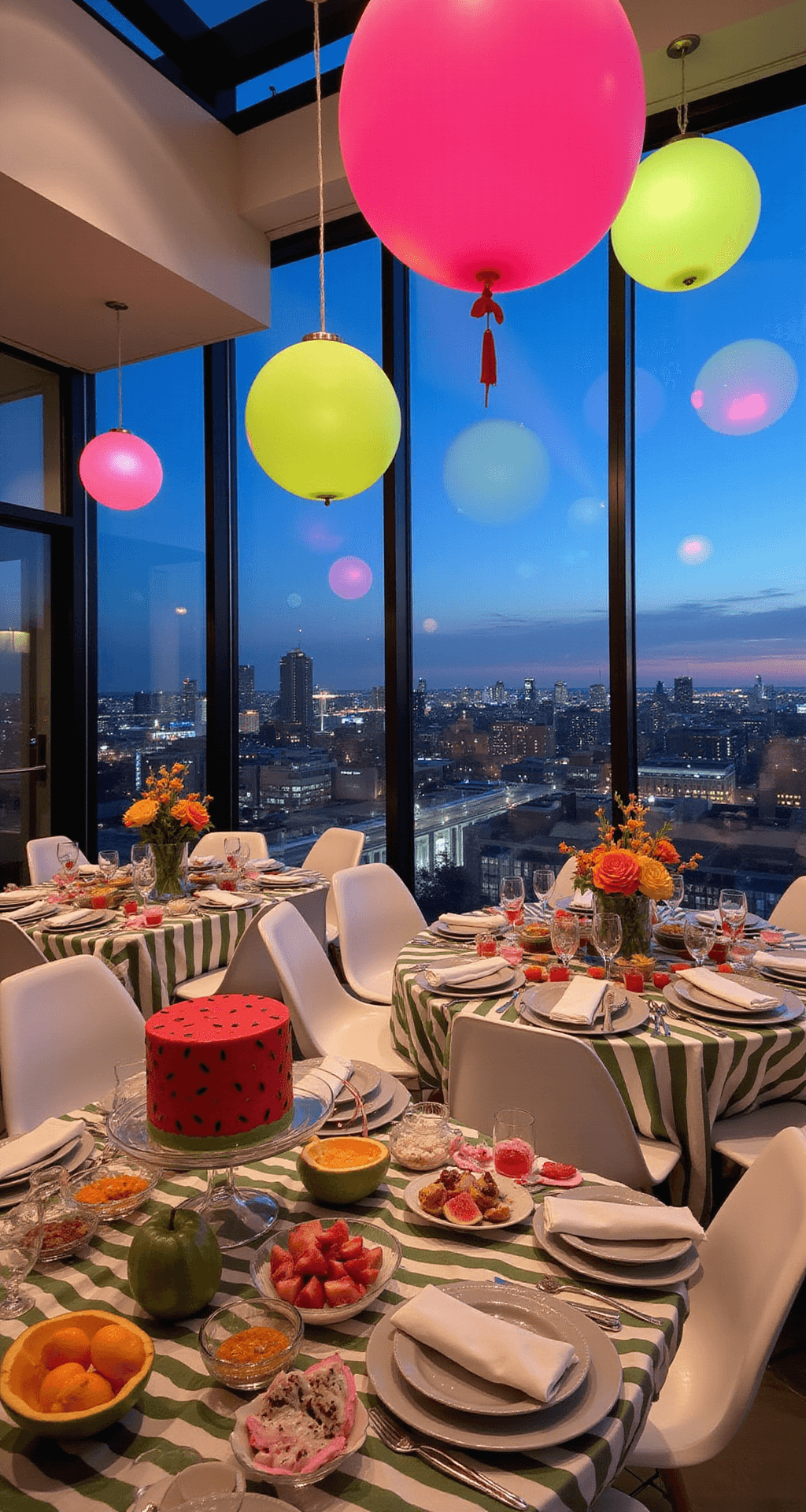 Ultimate Guide: Baby Girl Birthday Party Decorations That Wow! A modern rooftop event with watermelon-themed decorations: geometric hot pink and lime green balloons, striped table linens, ghost chairs, and a dessert bar with watermelon-pattern cake, set against twinkling city lights during blue hour.