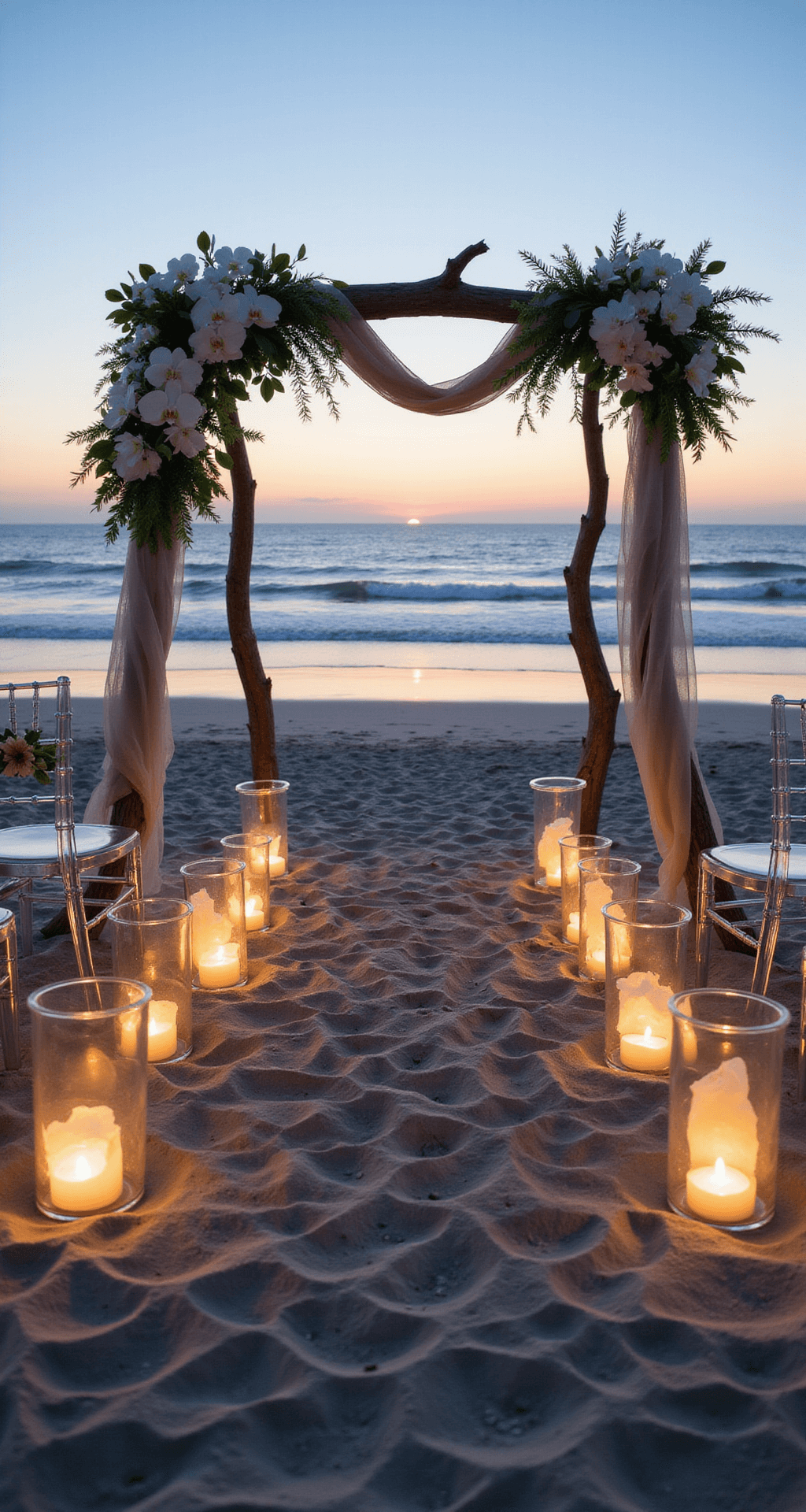 Wedding Ceremony Flowers: Your Ultimate Guide to Blooming Beauties A twilight beach ceremony setup with a driftwood arch decorated with white orchids and chiffon, clear chairs with white flowers, paper lanterns along the aisle, and floating candles, against an ocean sunset backdrop.