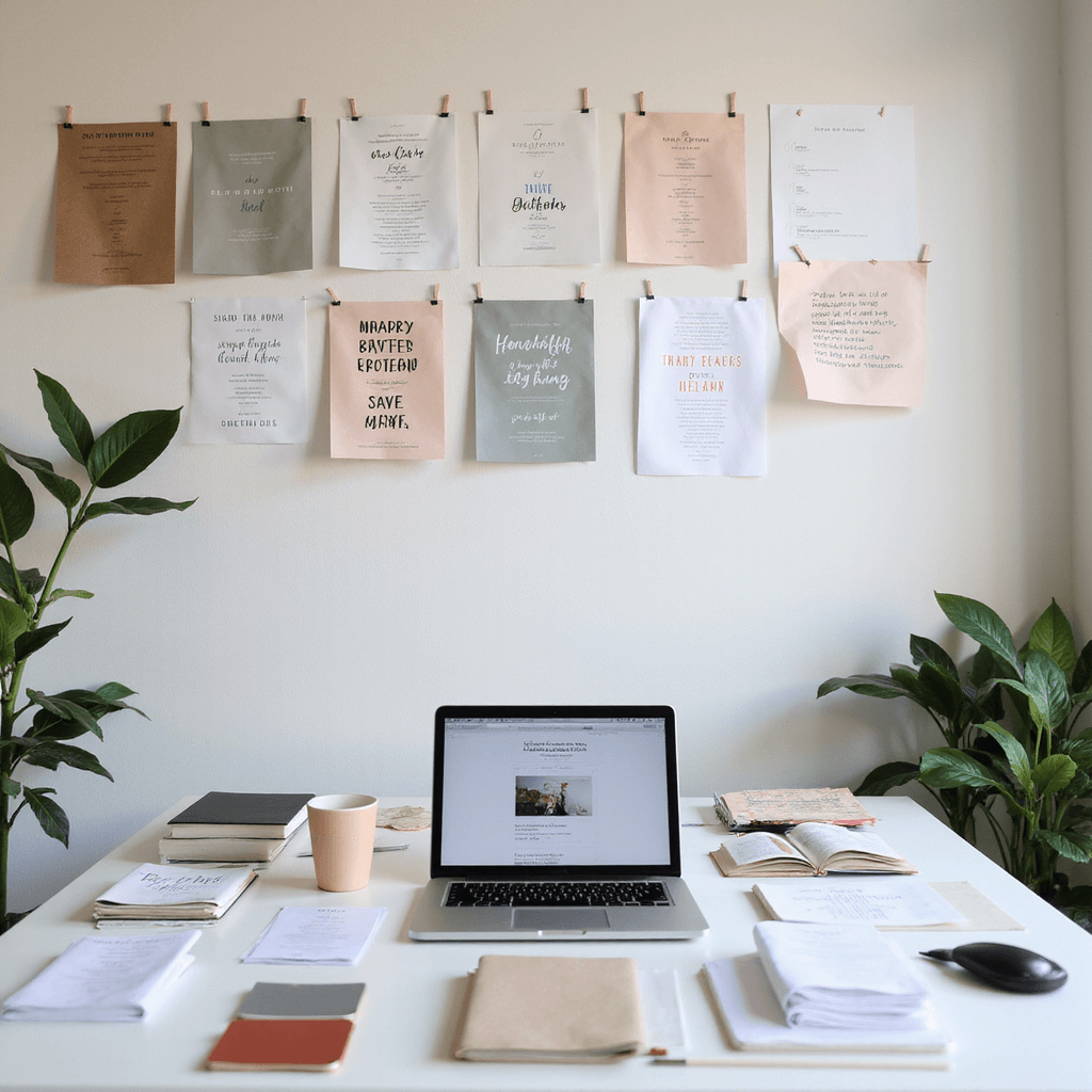 Simple Wedding Invitations: The Ultimate Guide to Effortless Elegance A modern design studio workspace featuring an inspiration wall with pinned invitation samples, a clean white desk with a laptop showing typography options, color swatches in muted tones, and neatly arranged invitation prototypes, all under soft indirect natural light.