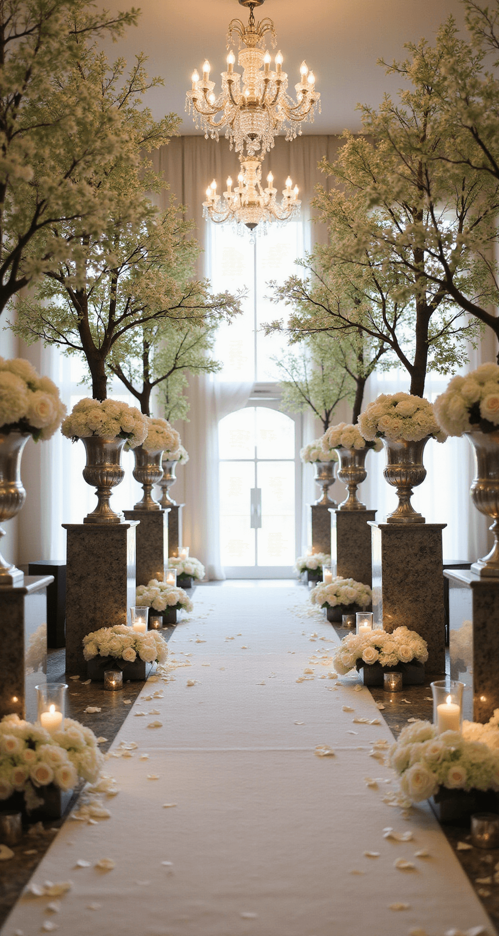 Wedding Ceremony Flowers: Your Ultimate Guide to Blooming Beauties A classic ballroom ceremony with towering cherry blossom trees, crystal chandeliers draped with jasmine, and tall urns of white roses and hydrangeas lining a mirror-topped aisle, softly lit by taper candles in mercury glass holders, framed by white silk drapery and rose petals on a marble floor.