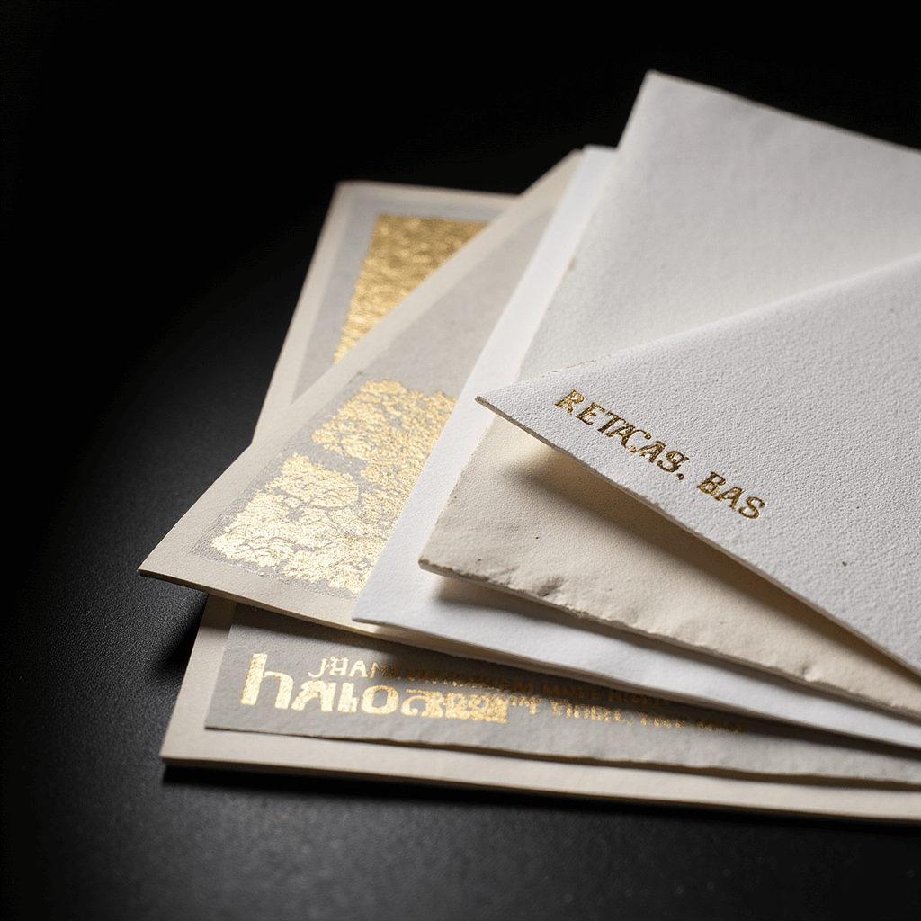 Simple Wedding Invitations: The Ultimate Guide to Effortless Elegance Luxury paper samples in whites, creams, and grays layered dramatically under directional lighting, showcasing gold foil and letterpress details against a black backdrop, with a macro view highlighting intricate textures and printing techniques.