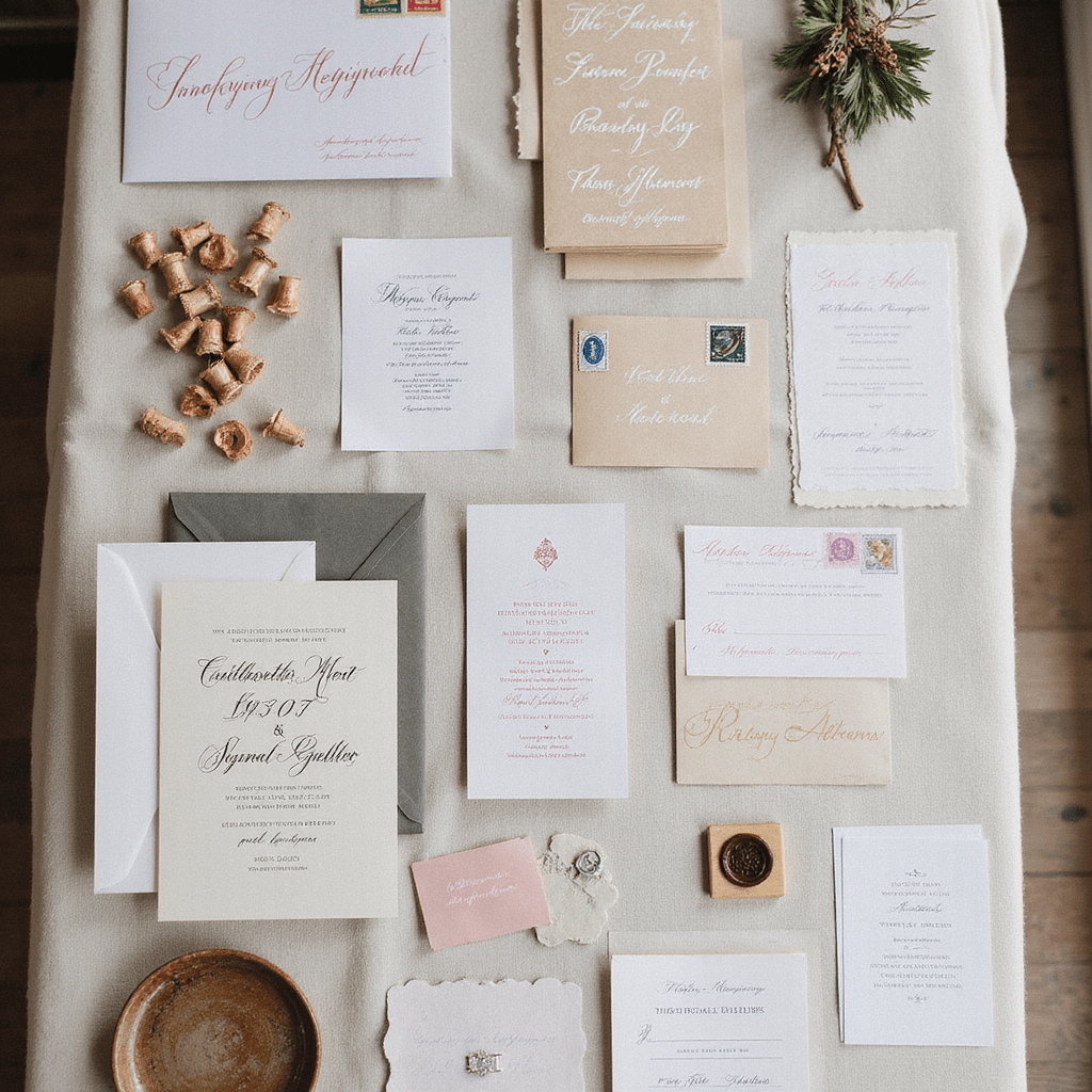 Simple Wedding Invitations: The Ultimate Guide to Effortless Elegance Wedding invitation assembly station featuring organized rows of assembled suites on a French linen tablecloth, surrounded by vintage postage stamps, custom wax seals, and addressing templates, all illuminated by soft window light that highlights the invitation typography and paper textures in an overhead composition.