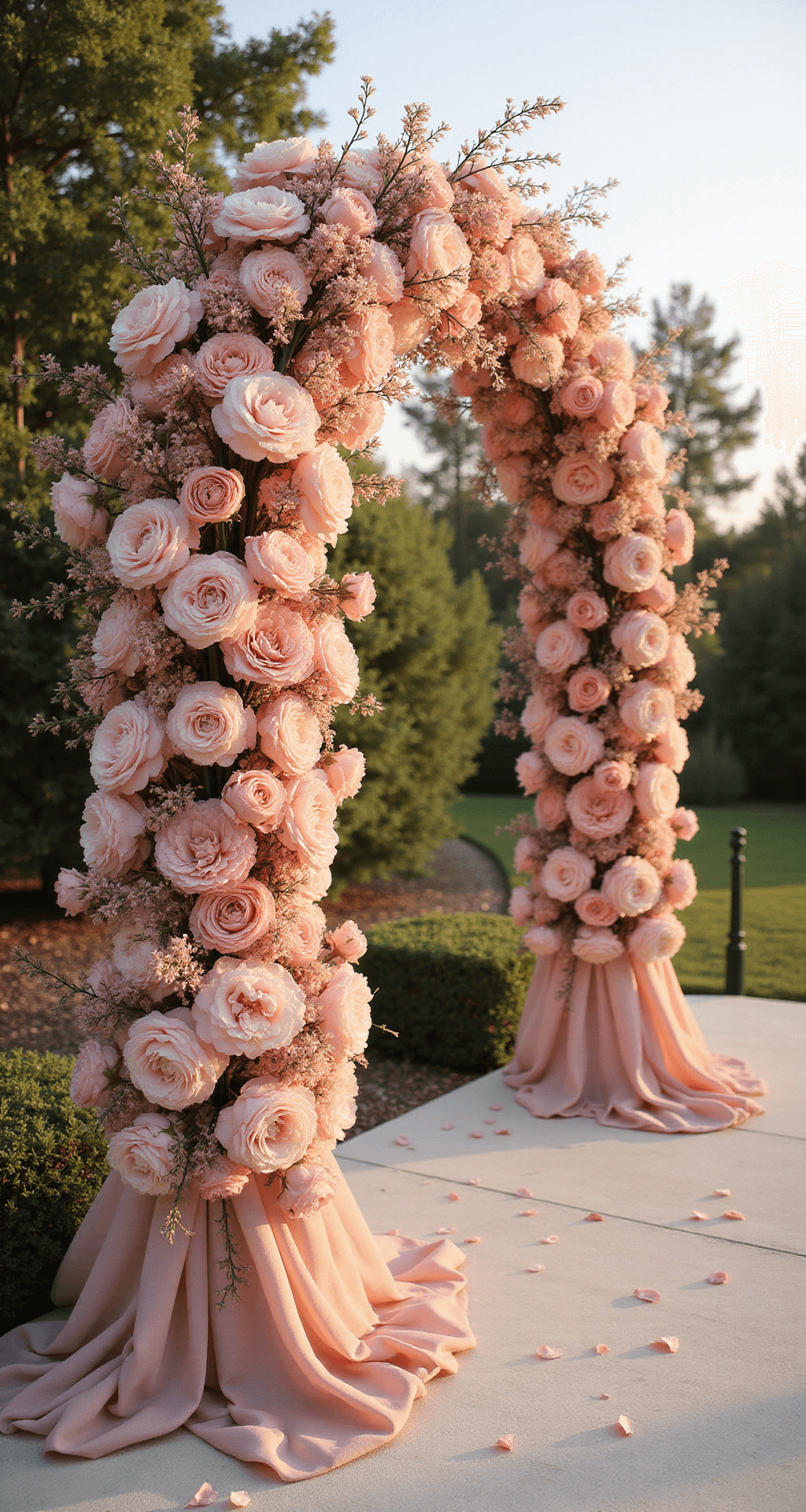 Pink Wedding Flowers: Your Ultimate Guide to Romance and Elegance Closeup of a luxurious wedding arch draped in pink garden roses, peonies, and ranunculus, with blush silk and flowering branches, glowing in golden hour light.