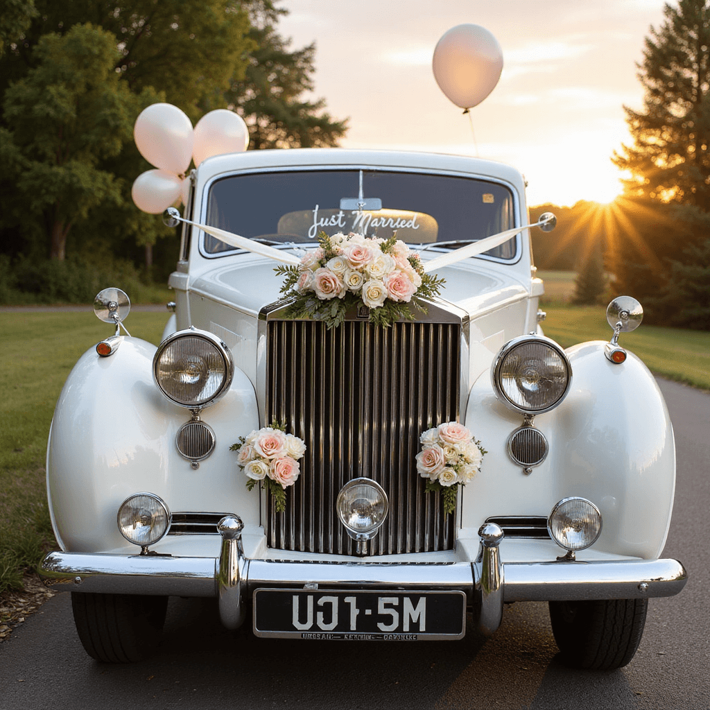 Wedding Car Decorations: The Ultimate Guide to Creating Unforgettable Send-Off Moments A vintage white Rolls Royce, decorated with ivory silk ribbons and blush garden roses, displays a 'Just Married' sign on frosted glass. The car is captured during golden hour from a low angle, highlighting its chrome details and romantic floral arrangements, with pearl-finished balloons floating in the soft sunset light.