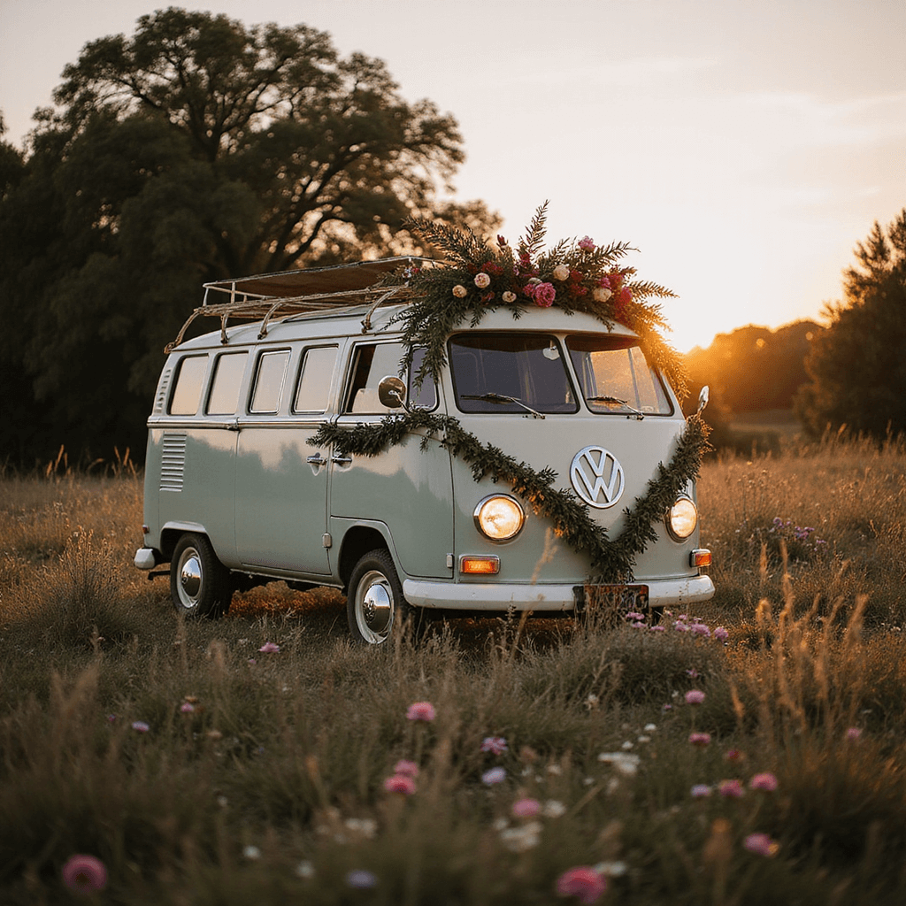 Wedding Car Decorations: The Ultimate Guide to Creating Unforgettable Send-Off Moments A vintage VW van adorned with macramé bunting, wild spray roses, and eucalyptus garlands sits in a wildflower meadow at dusk, illuminated by fairy lights and dried pampas grass, casting a golden glow in an ethereal atmosphere.