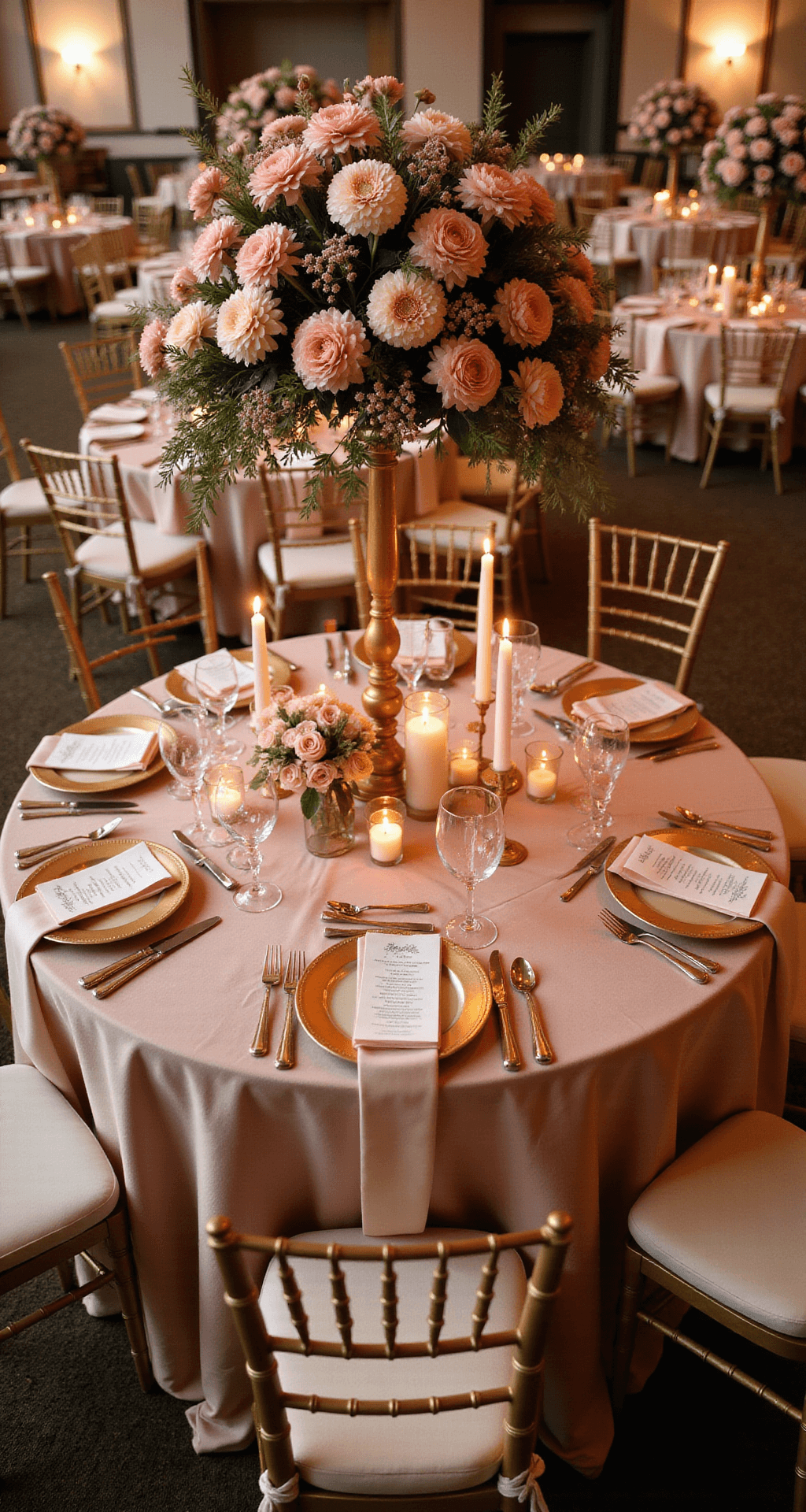 Pink Wedding Flowers: Your Ultimate Guide to Romance and Elegance Elegant ballroom reception with a round table draped in a blush silk tablecloth, adorned with a centerpiece of pink dahlias and garden roses. The setting includes gold-rimmed chargers, crystal stemware, and hand-calligraphed place cards, with tall tapered candles providing soft ambiance. Surrounding tables enhance the grand scale.