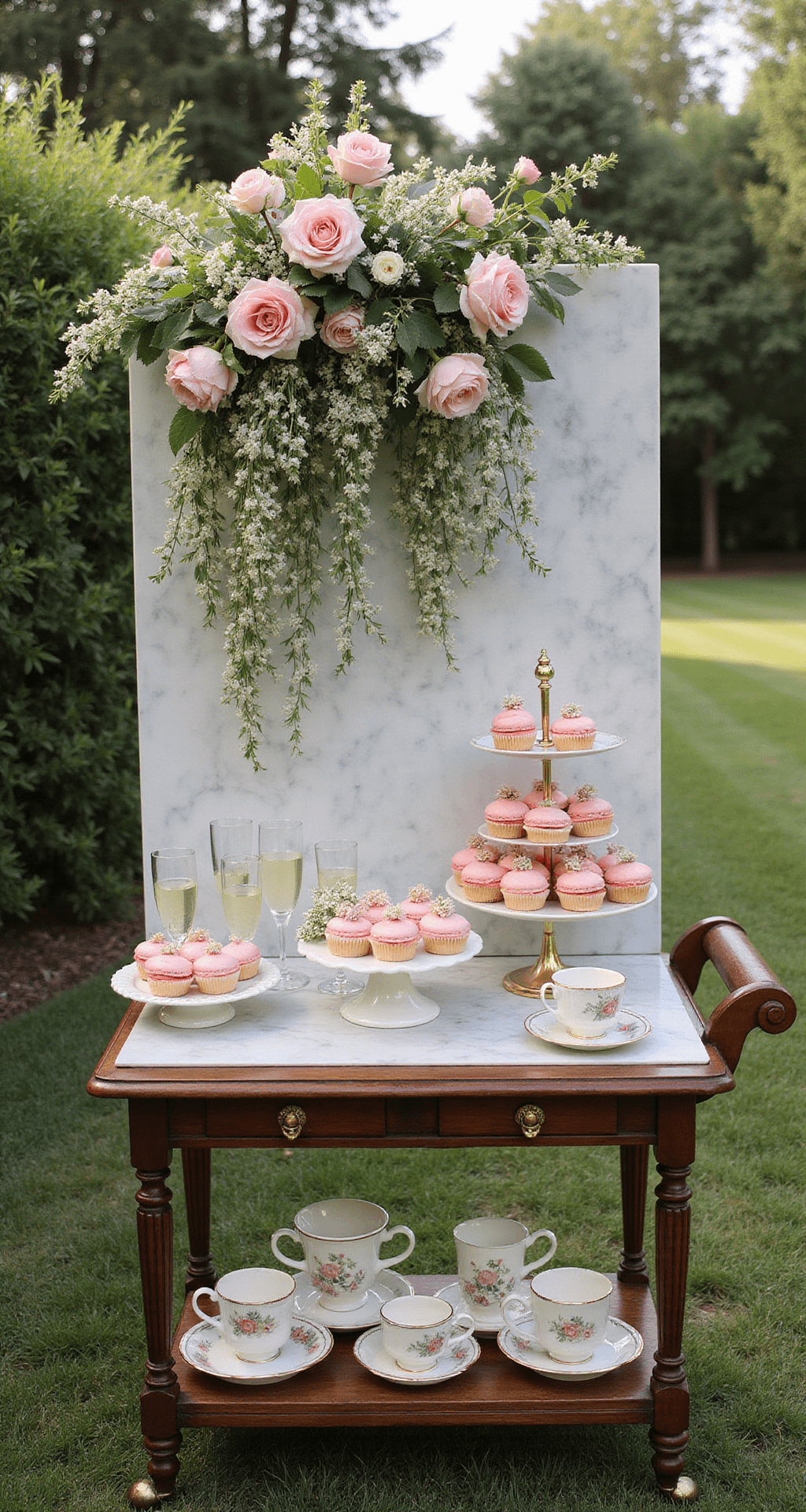 Pink Wedding Flowers: Your Ultimate Guide to Romance and Elegance A vintage wooden dessert cart in a garden setting, styled with pink macarons, cupcakes topped with ranunculus, and fresh flowers. A floral installation with pink jasmine and garden roses hangs above, with champagne flutes and vintage tea cups on the lower shelf. Photographed in morning light at a 45-degree angle.