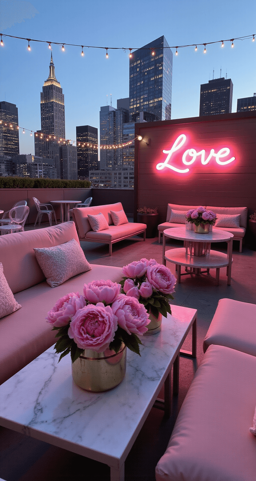 Pink Wedding Flowers: Your Ultimate Guide to Romance and Elegance A rooftop celebration at twilight with blush velvet sofas, low cocktail tables, and a stunning city skyline backdrop with overhead string lights. Pink peonies in metallic vessels on marble tables, ghost chairs, and plush floor pillows provide seating. A neon 'Love' sign casts a pink glow over the scene.