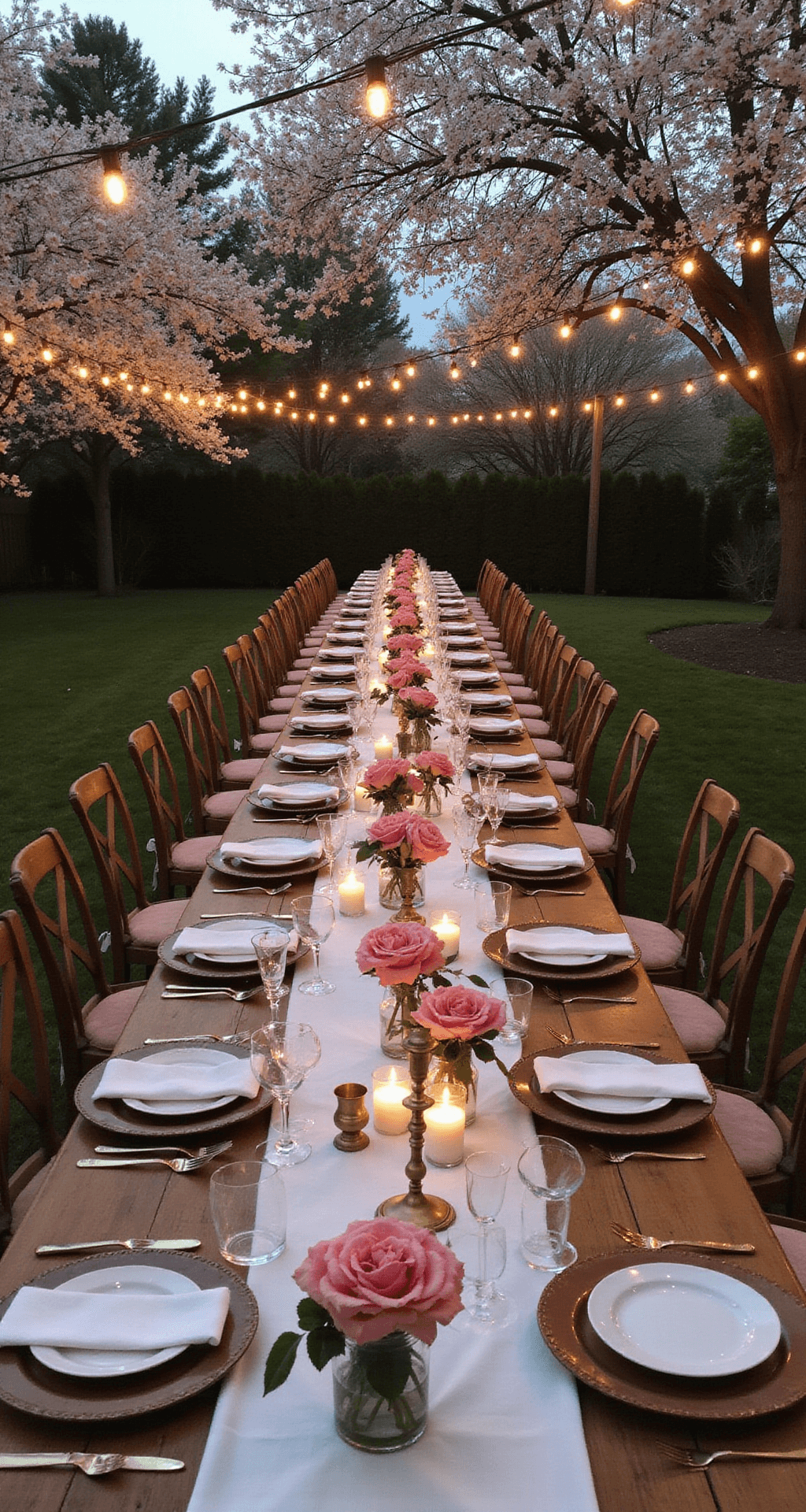 Pink Wedding Flowers: Your Ultimate Guide to Romance and Elegance A bohemian backyard dinner party with long farm tables under flowering cherry trees, adorned with vintage runners, pink garden roses, brass candlesticks, wooden cross-back chairs with blush cushions, and market lights strung overhead, creating a magical atmosphere at dusk.