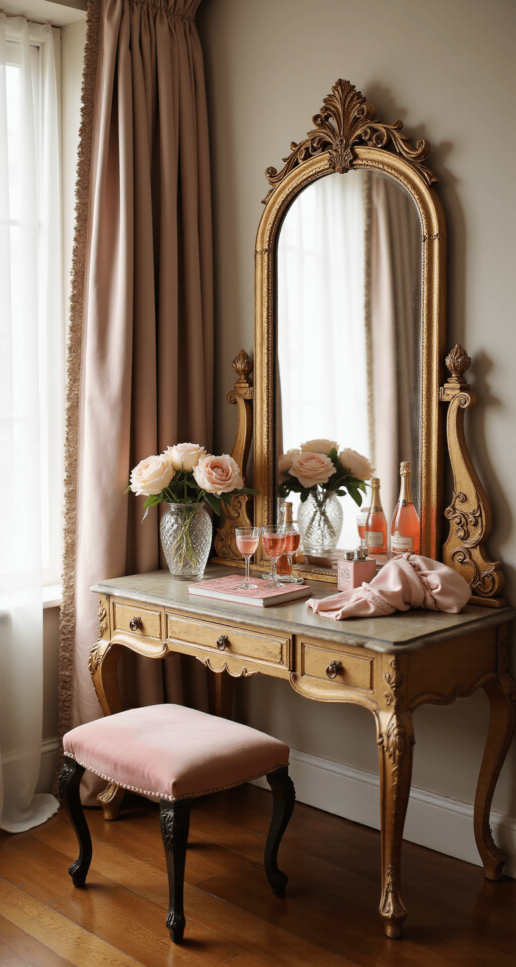 Pink Wedding Flowers: Your Ultimate Guide to Romance and Elegance Bridal suite with vintage vanity, pink champagne, roses, silk robes, perfume bottles, ornate gold mirror, pink velvet ottoman, and tulle curtains in warm natural light.