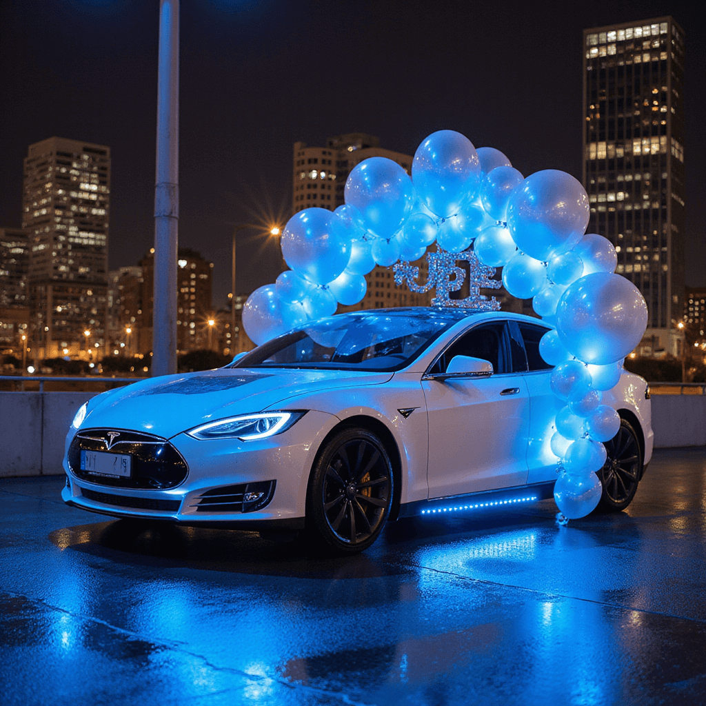 Wedding Car Decorations: The Ultimate Guide to Creating Unforgettable Send-Off Moments A Tesla Model S adorned with metallic-accented balloon garlands and neon signage, set against an industrial cityscape at night, illuminated by electric blue uplighting that accentuates its sleek silhouette.