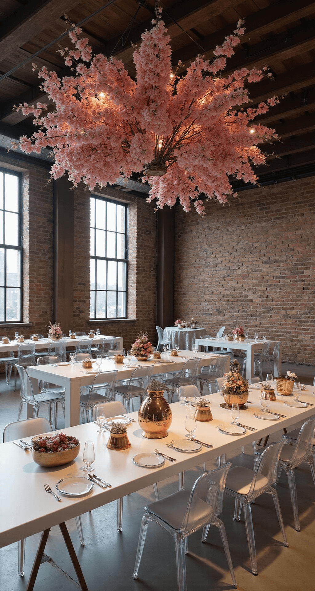 Pink Wedding Flowers: Your Ultimate Guide to Romance and Elegance A contemporary minimalist engagement celebration set in an industrial loft space, featuring ombré pink floral installations suspended from exposed beams, clean white tables with geometric metallic centerpieces and single stem flowers, ghost chairs, and modern blush-toned lounge furniture, all under moody evening lighting that highlights the architectural details.