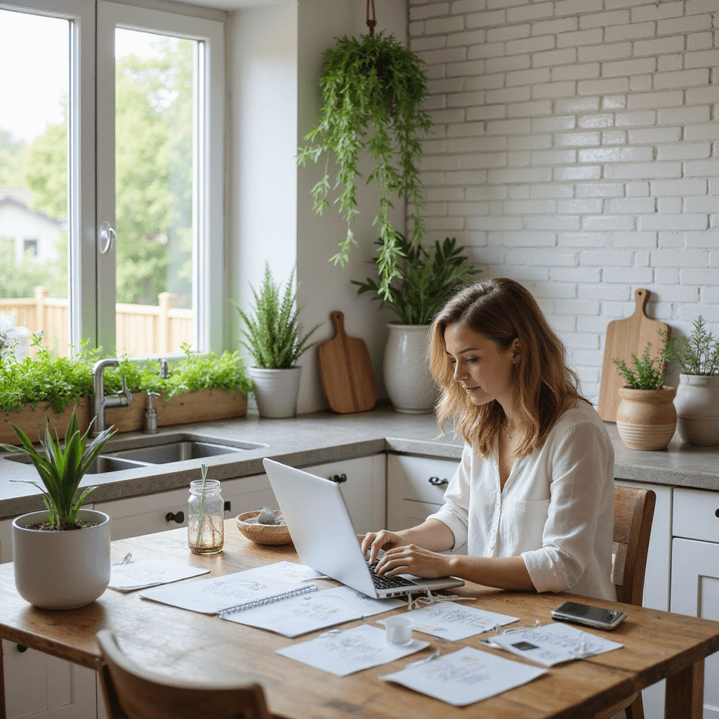 Digital Wedding Invitations: A Modern Couple's Complete Guide A sunlit kitchen with eco-friendly wedding planning items: lush potted plants, bamboo decorations, and glass containers. A laptop displaying paperless invitations is the focal point, surrounded by white subway tiles, concrete countertops, wooden cutting boards, and a windowsill herb garden.