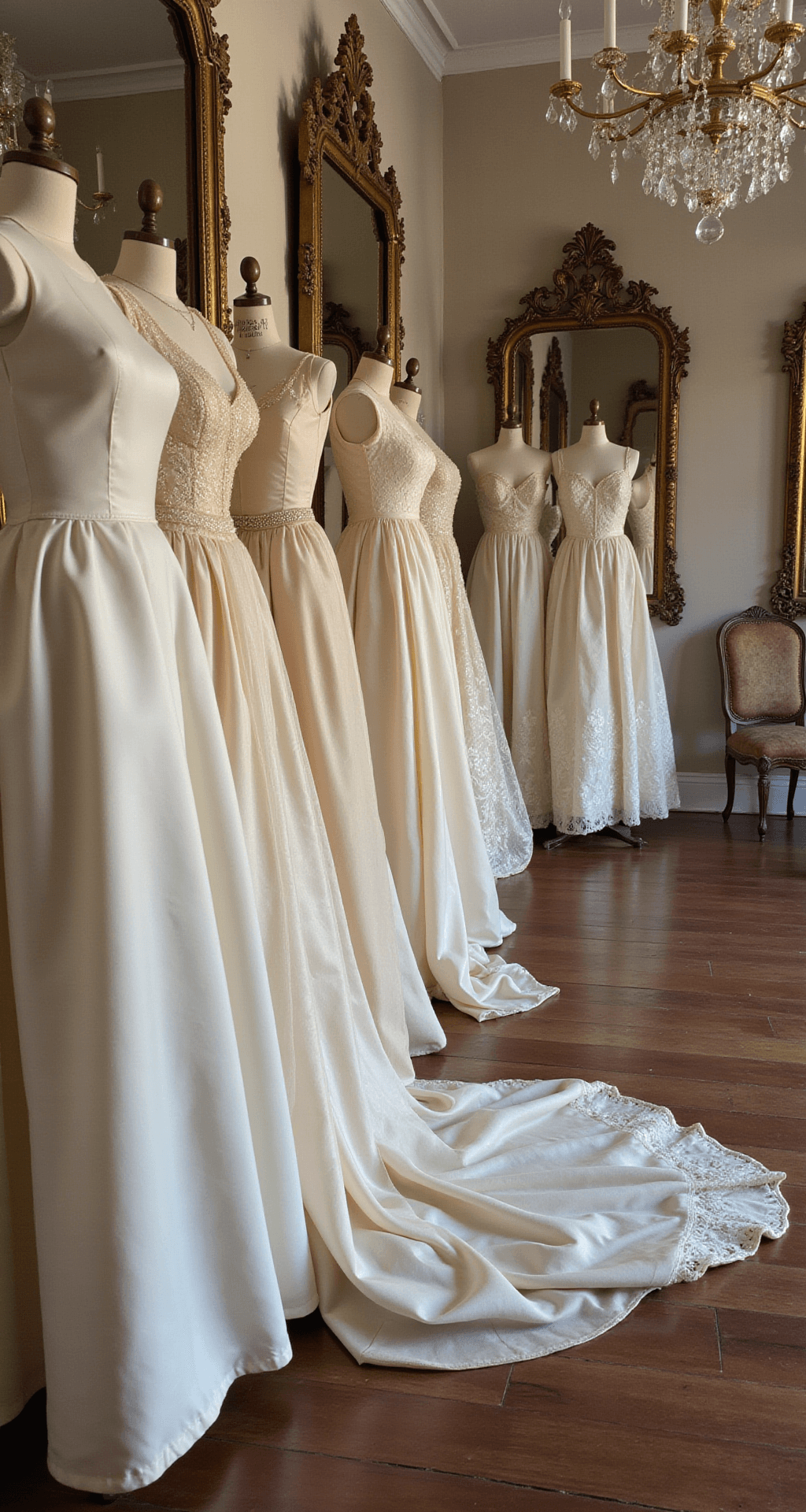 The Ultimate Guide to Silk Wedding Dresses: Everything You Need to Know About This Timeless Choice A vintage bridal salon interior bathed in mid-morning light, featuring a wide shot of silk wedding gowns from various eras, showcasing texture variations from matte charmeuse to glossy satin, complemented by antique mirrors and crystal chandeliers.