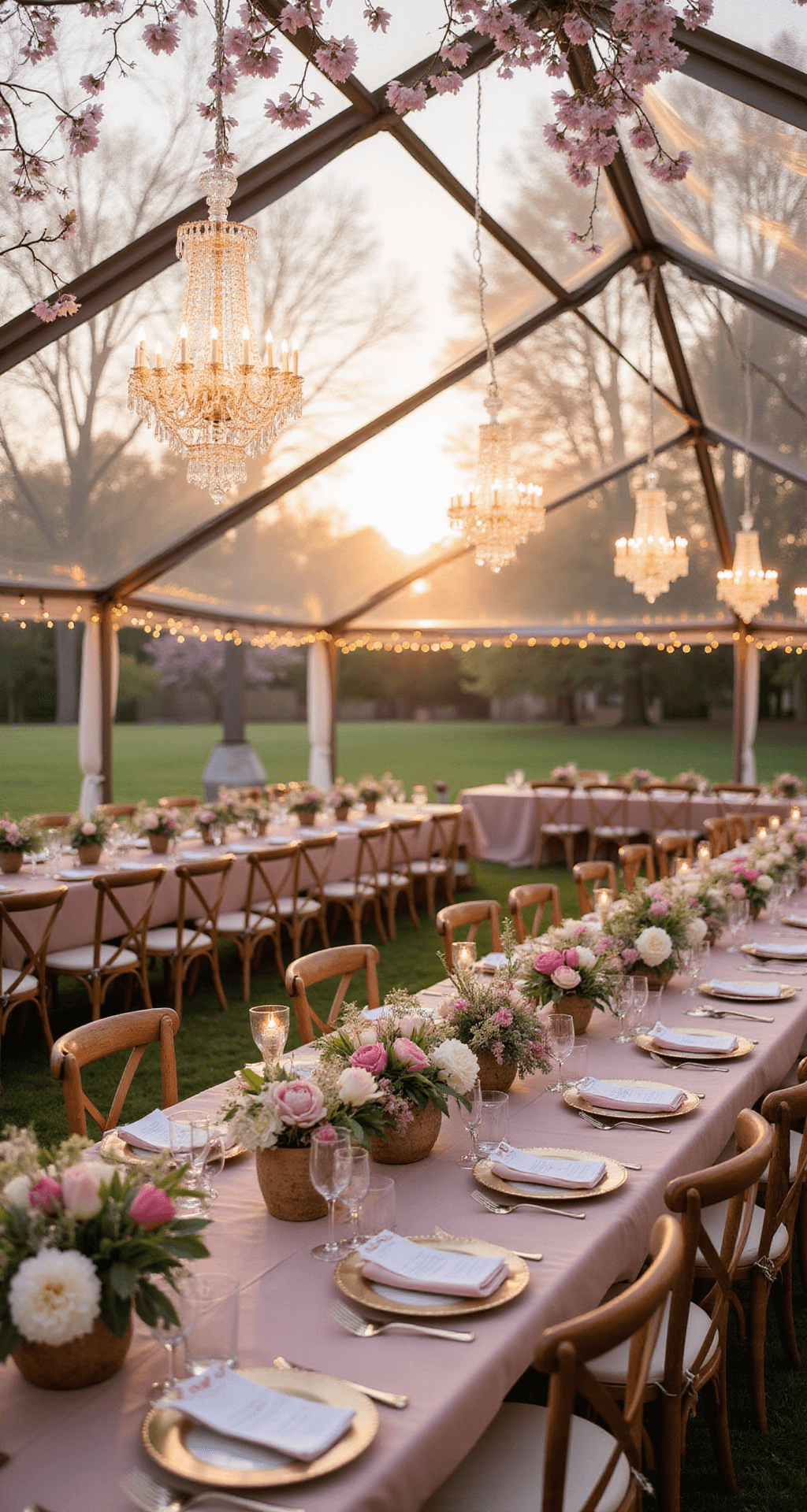 Early Spring Wedding: Your Ultimate Guide to a Magical Celebration A wide-angle view of a clear-top tent wedding reception at golden hour, with soft spring light shining through cherry blossoms above. Long farm tables are elegantly set with blush silk linens, vintage crystal chandeliers, floral arrangements in log vessels, gold-rimmed chargers, dusty rose napkins, and calligraphy place cards. Wooden cross-back chairs surround the tables and fairy lights glisten against the clear tent ceiling.