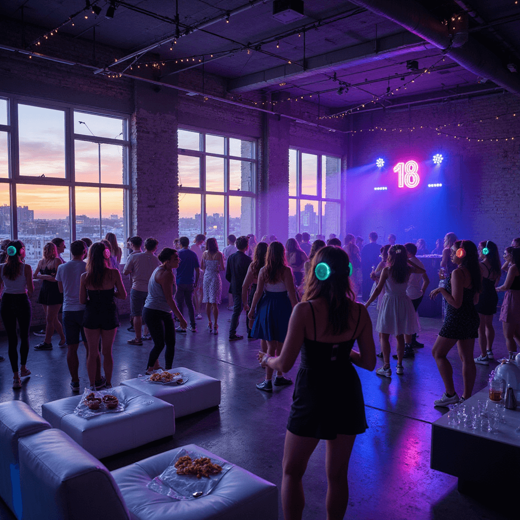 🎉 18th Birthday Bash: Your Ultimate Party Planning Guide A vibrant wide-angle view of a glamorous Silent Disco in a modern loft at twilight, featuring teens dancing with colorful illuminated headphones, industrial windows showcasing a purple-orange sunset, string lights overhead, deep blue uplighting on exposed brick walls, lounge areas with white leather sofas, a DJ booth with neon '18' signage, and minimalist buffet tables with drinks and food displays.